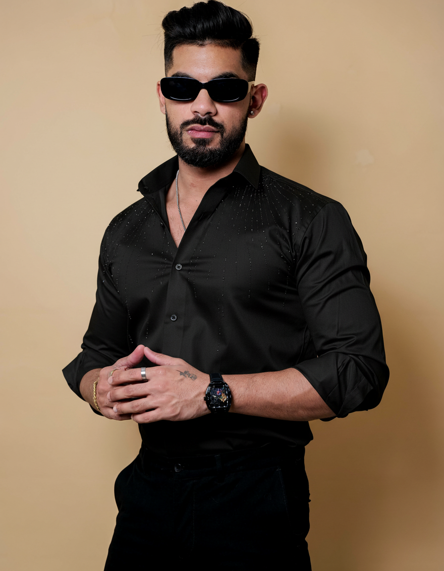 Men's Black Luxury Shirt with Subtle Beaded Sparkle Pattern