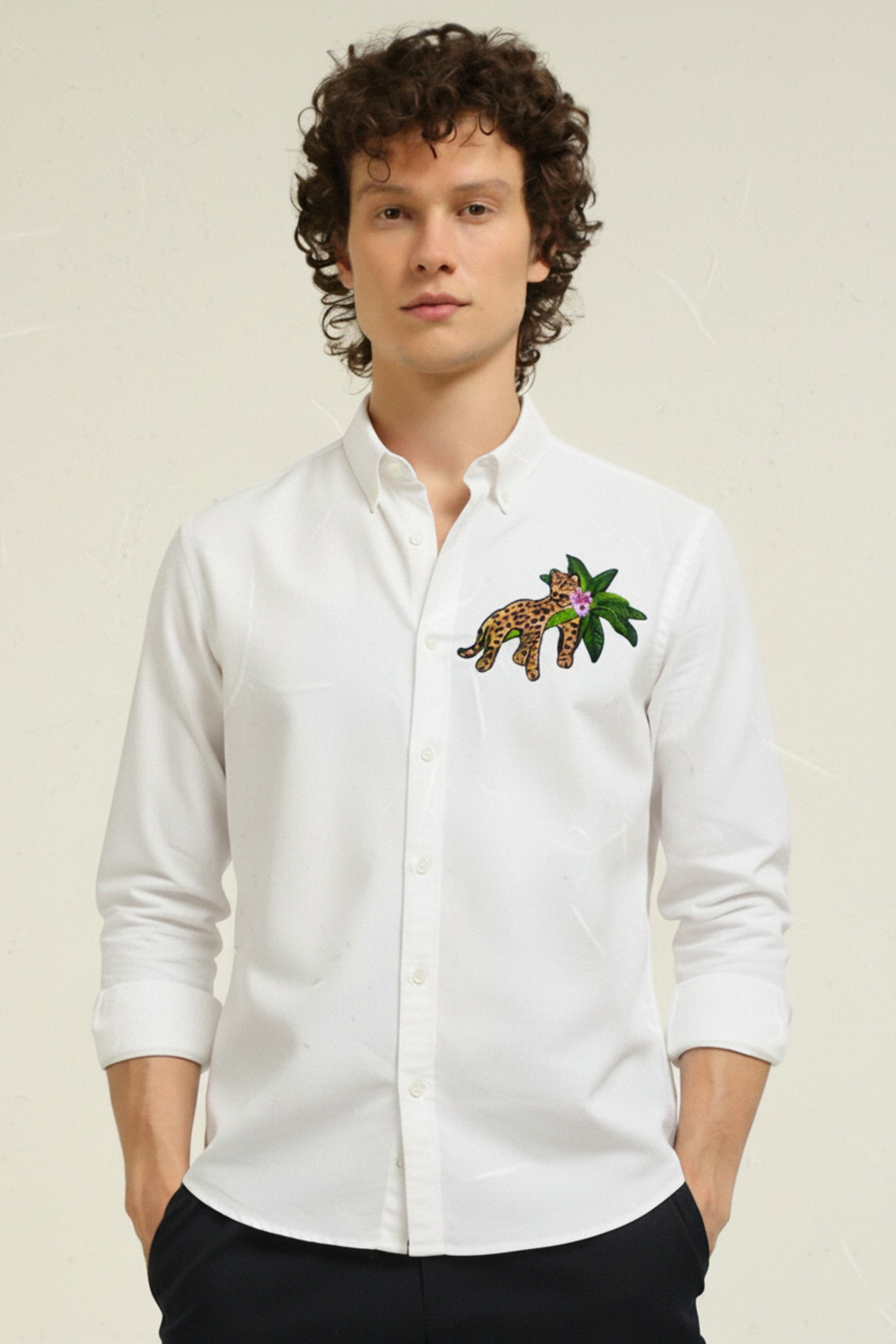Men's Slim-Fit Shirt with Embroidered Leopard & Palm Leaf