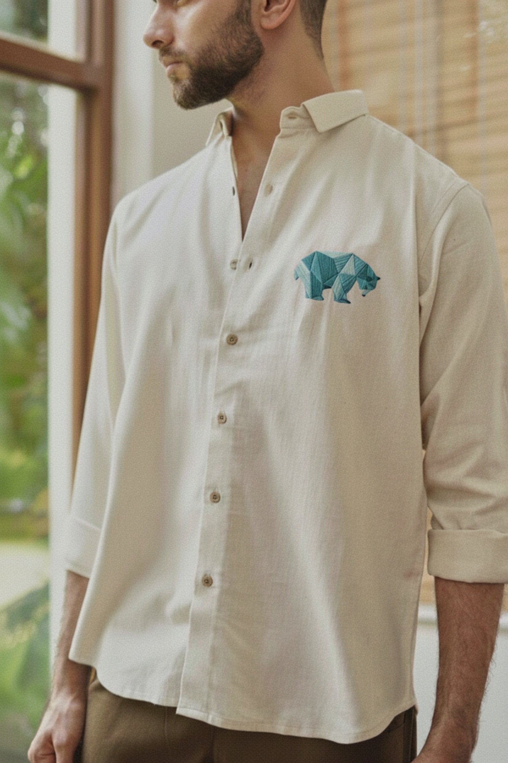 Men's Geometric Bear Embroidered Shirt