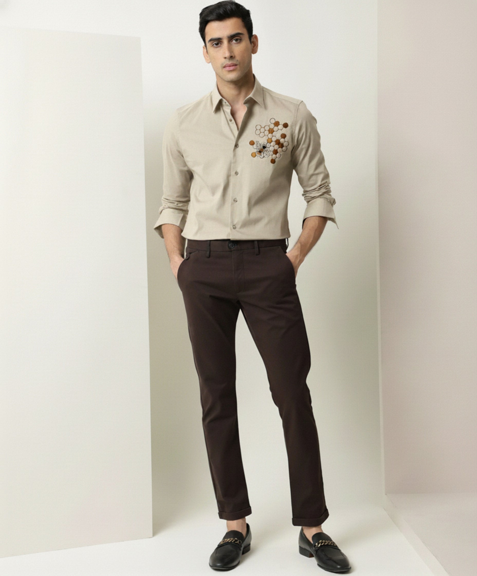 Men's Button-Down Shirt with Gold Honeycomb & Bee Embroidery