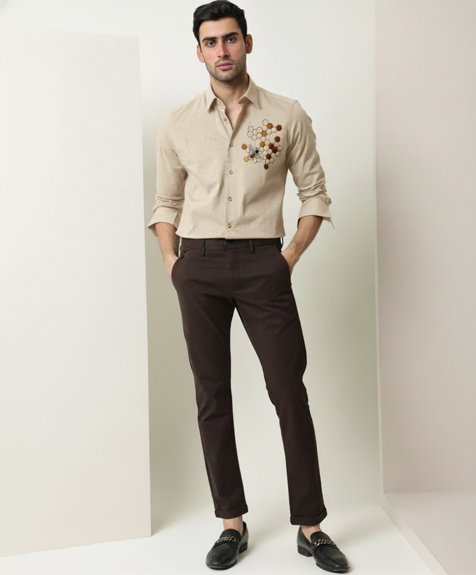 Men's Button-Down Shirt with Gold Honeycomb & Bee Embroidery