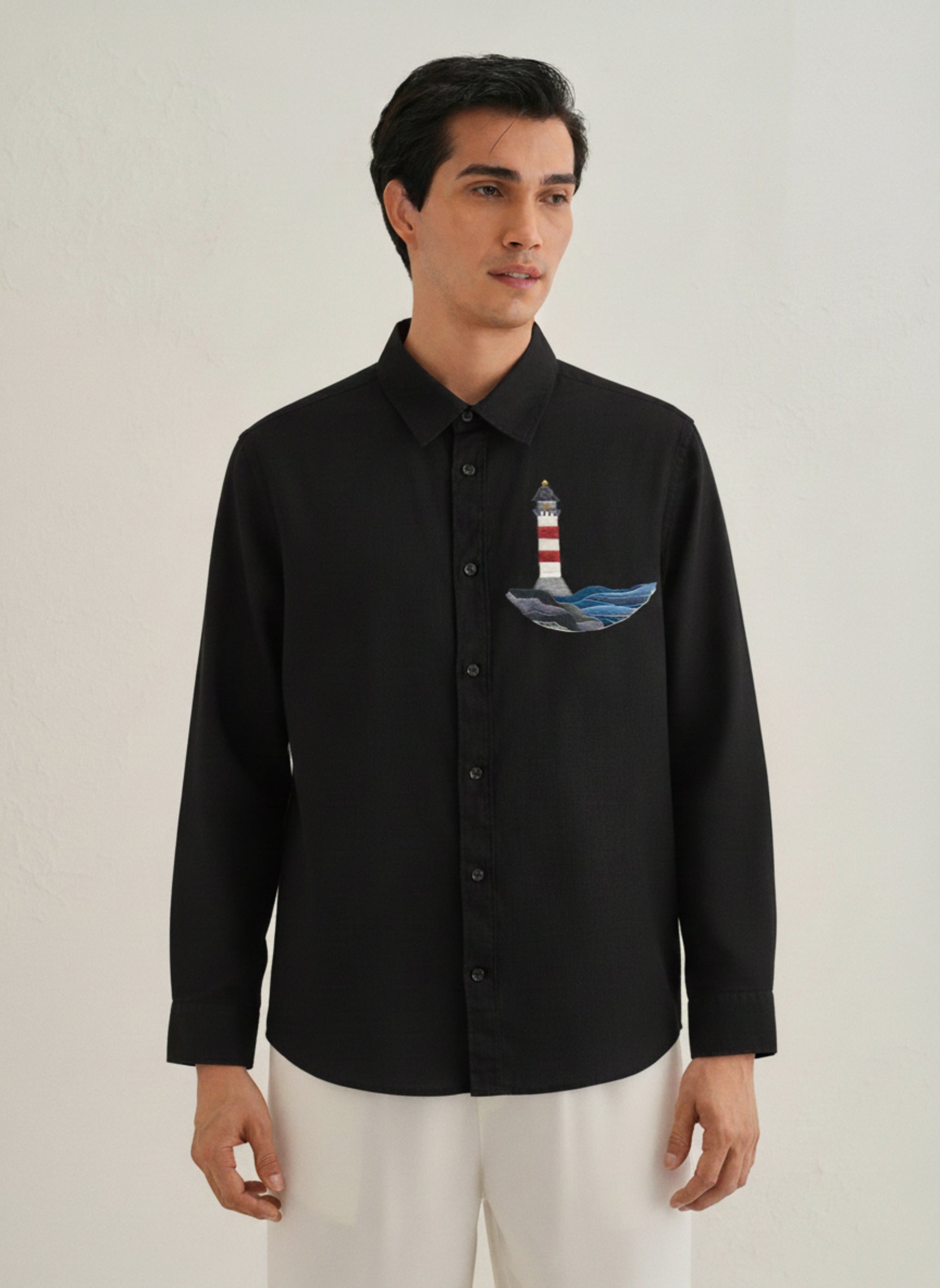 Men’s Button-Down Shirt with Lighthouse & Ocean Wave Embroidered Design