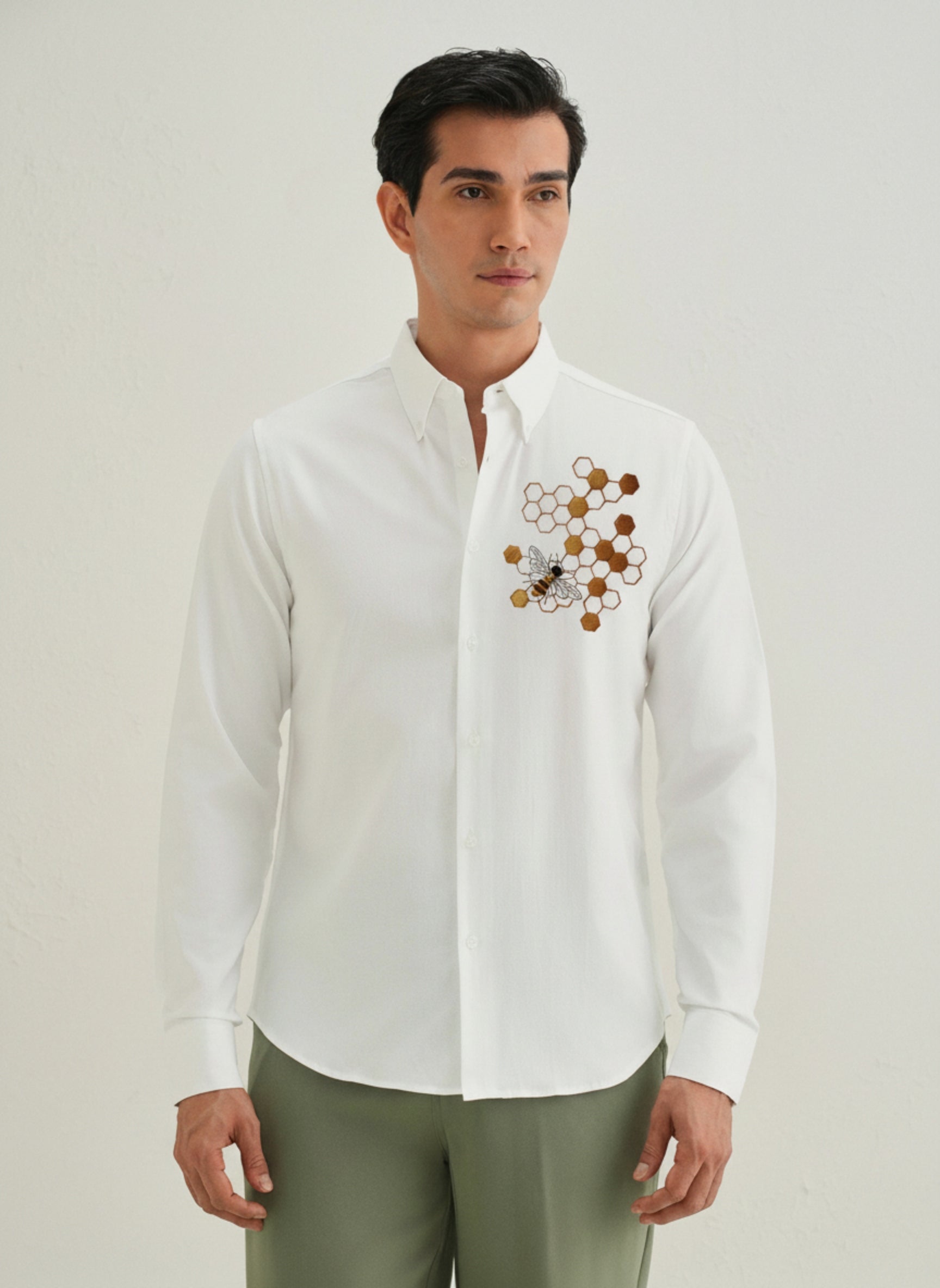 Men's Button-Down Shirt with Gold Honeycomb & Bee Embroidery