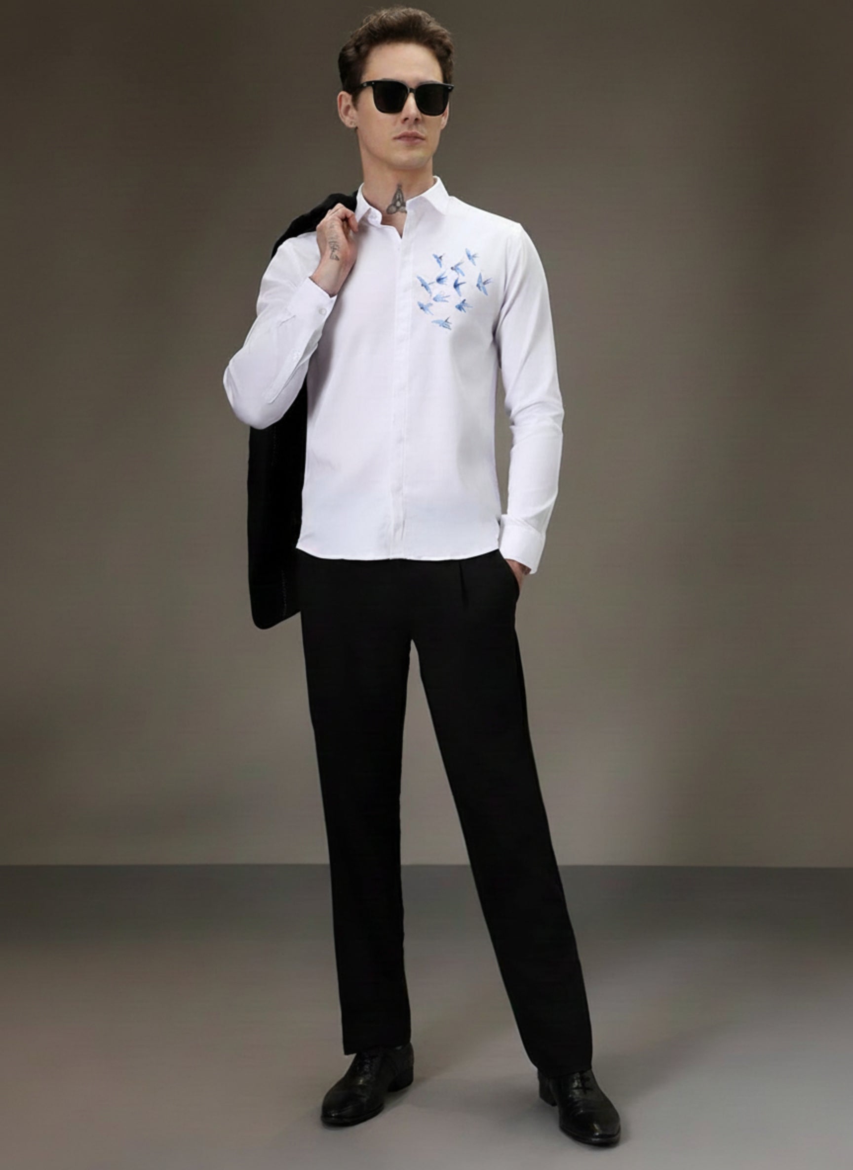 Men's Slim-Fit Shirt with Blue Swallow Flock Embroidery