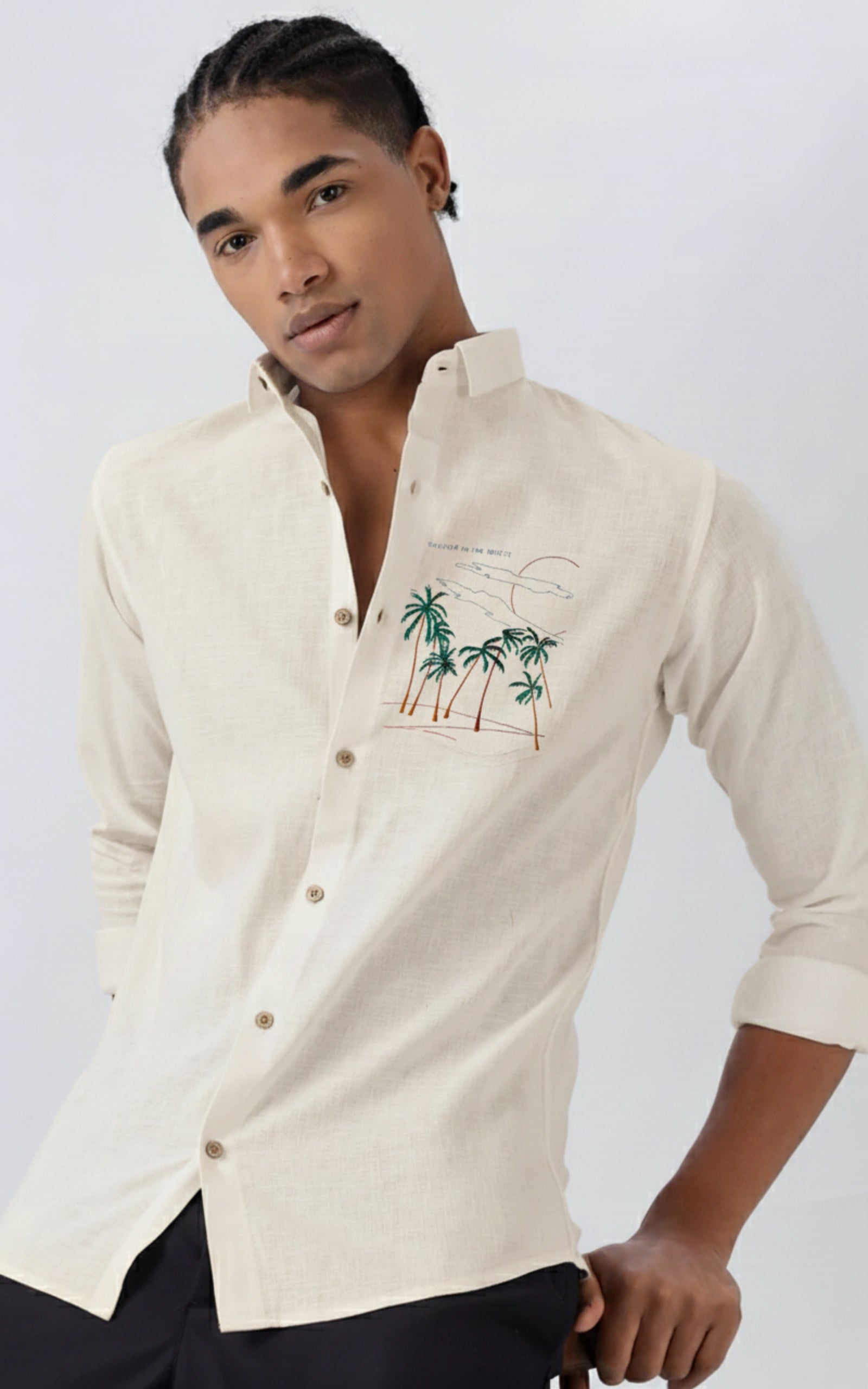 Men’s Casual Linen-Blend Embroidered Palm Tree Shirt
