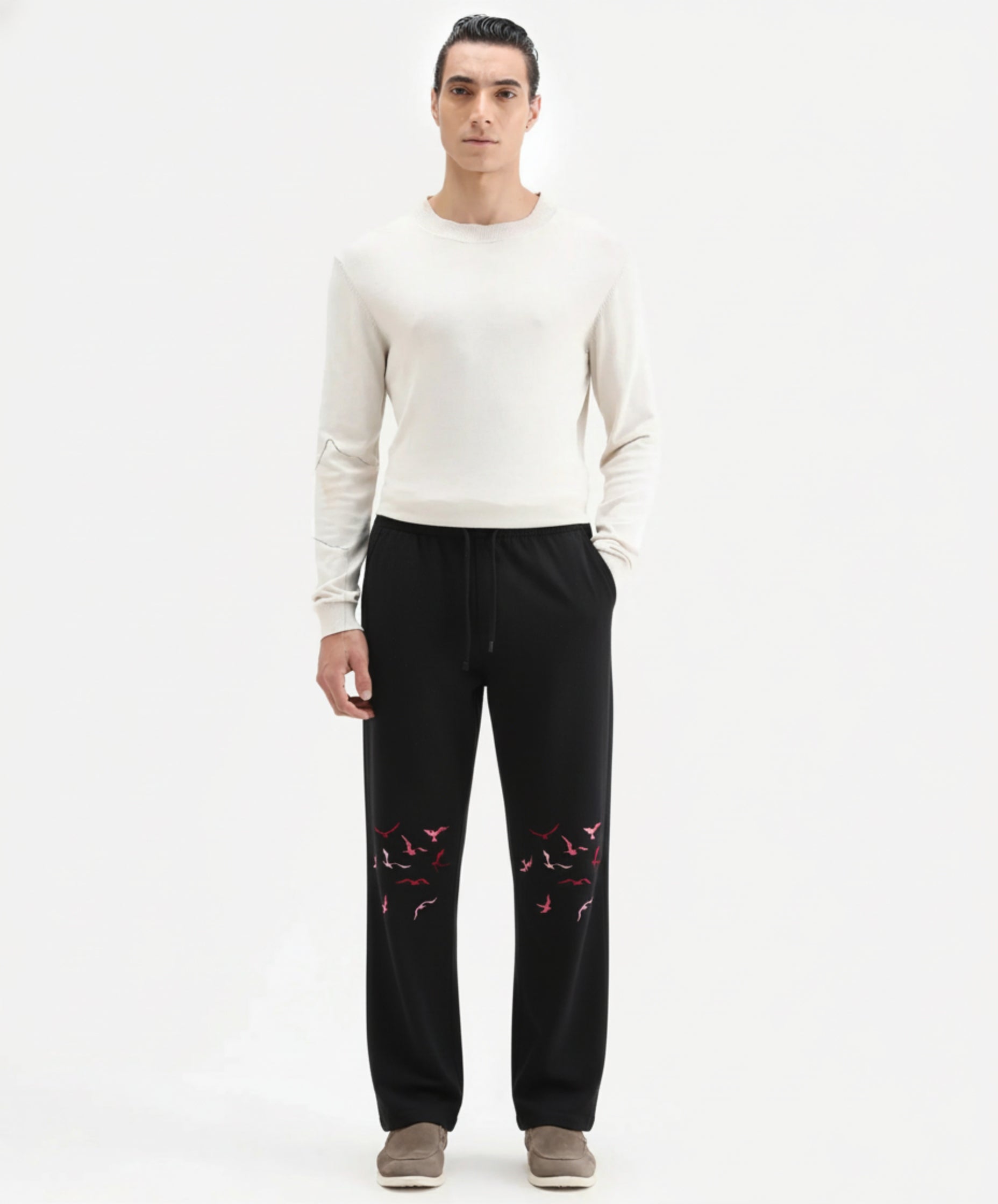 Flying Birds Embroidered Relaxed-Fit Trousers