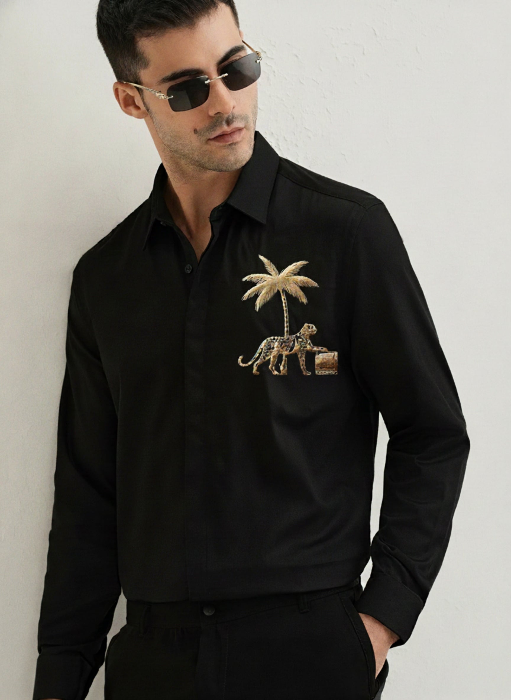 Men's Premium Poplin Shirt with Embroidered Cheetah Motif
