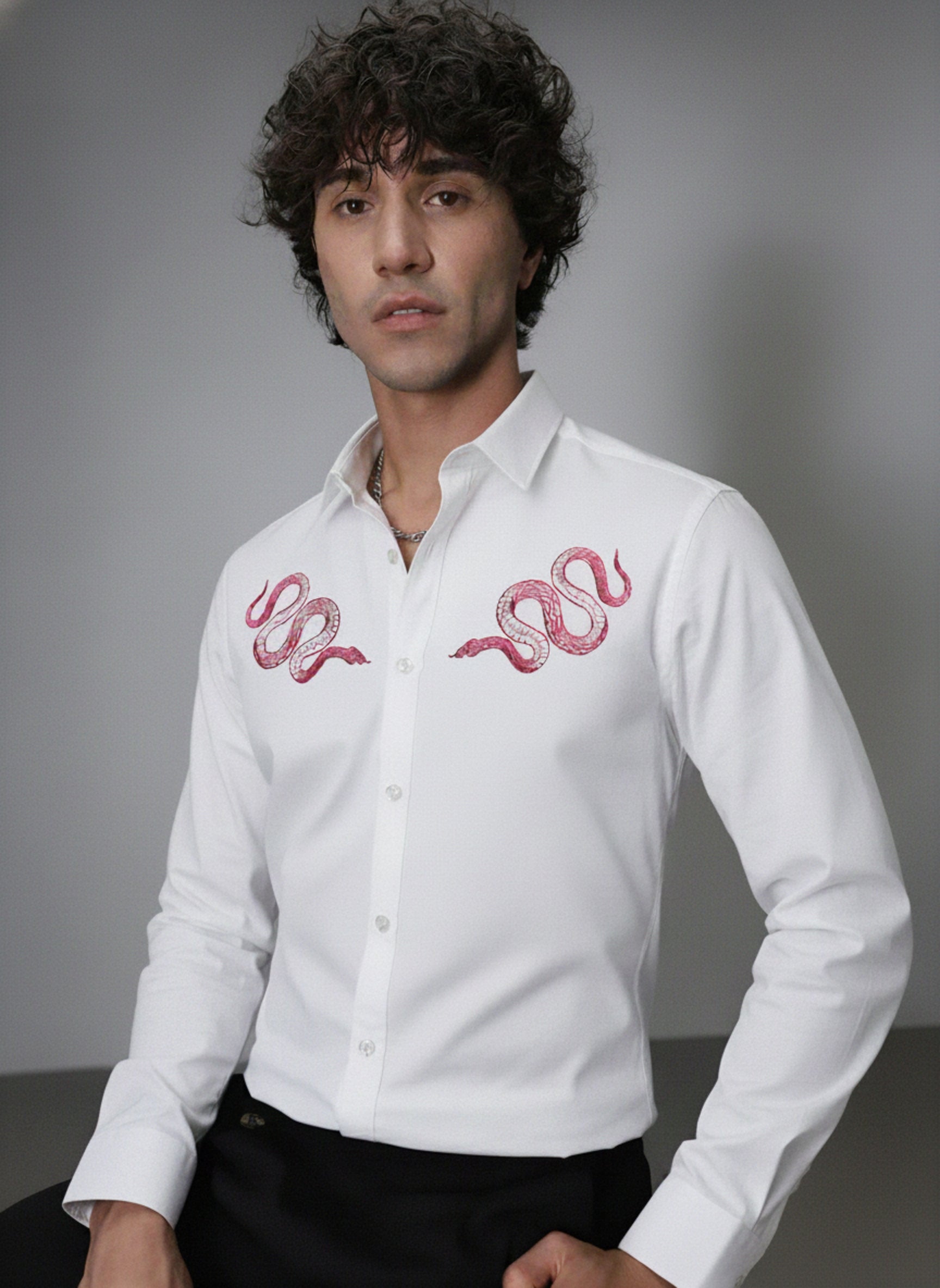 Men's Micro-Ribbed Streetwear Shirt with Pink Snake Embroidery
