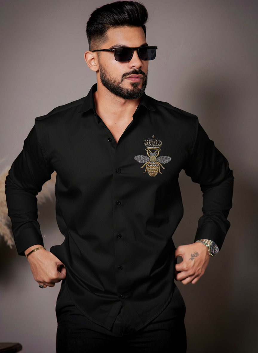 Men's Black Button-Up Shirt with Crowned Bee Design