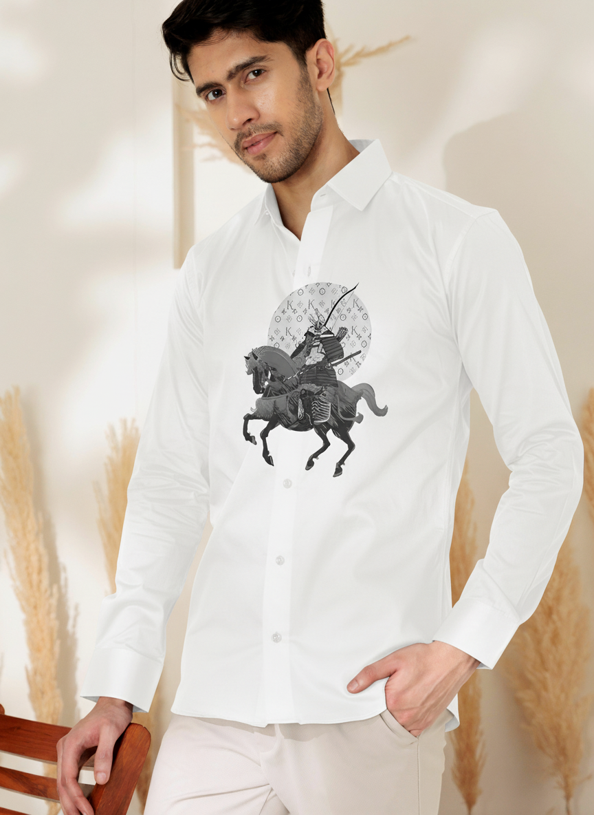 Men’s Long-Sleeve Samurai Warrior Shirt with Lunar Emblem Print