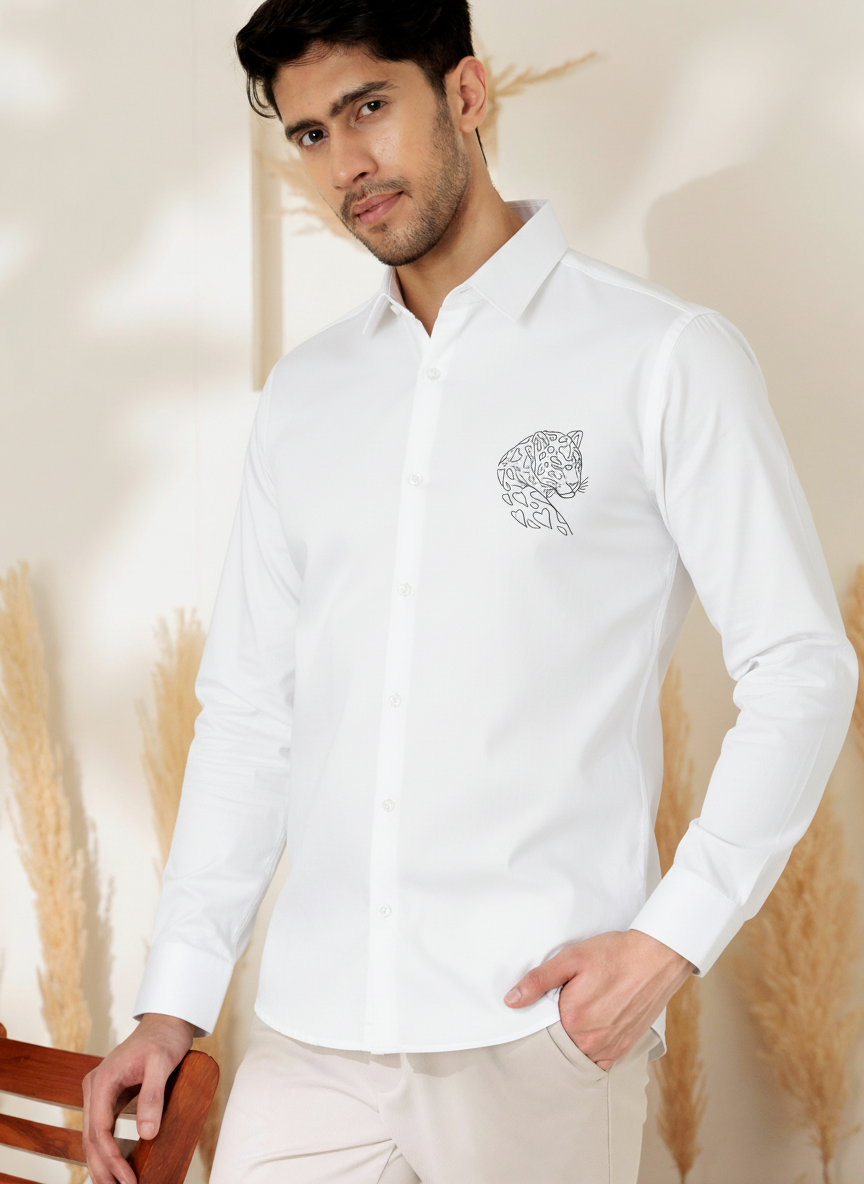 Men's White Shirt with Minimal Jaguar Line Art Print