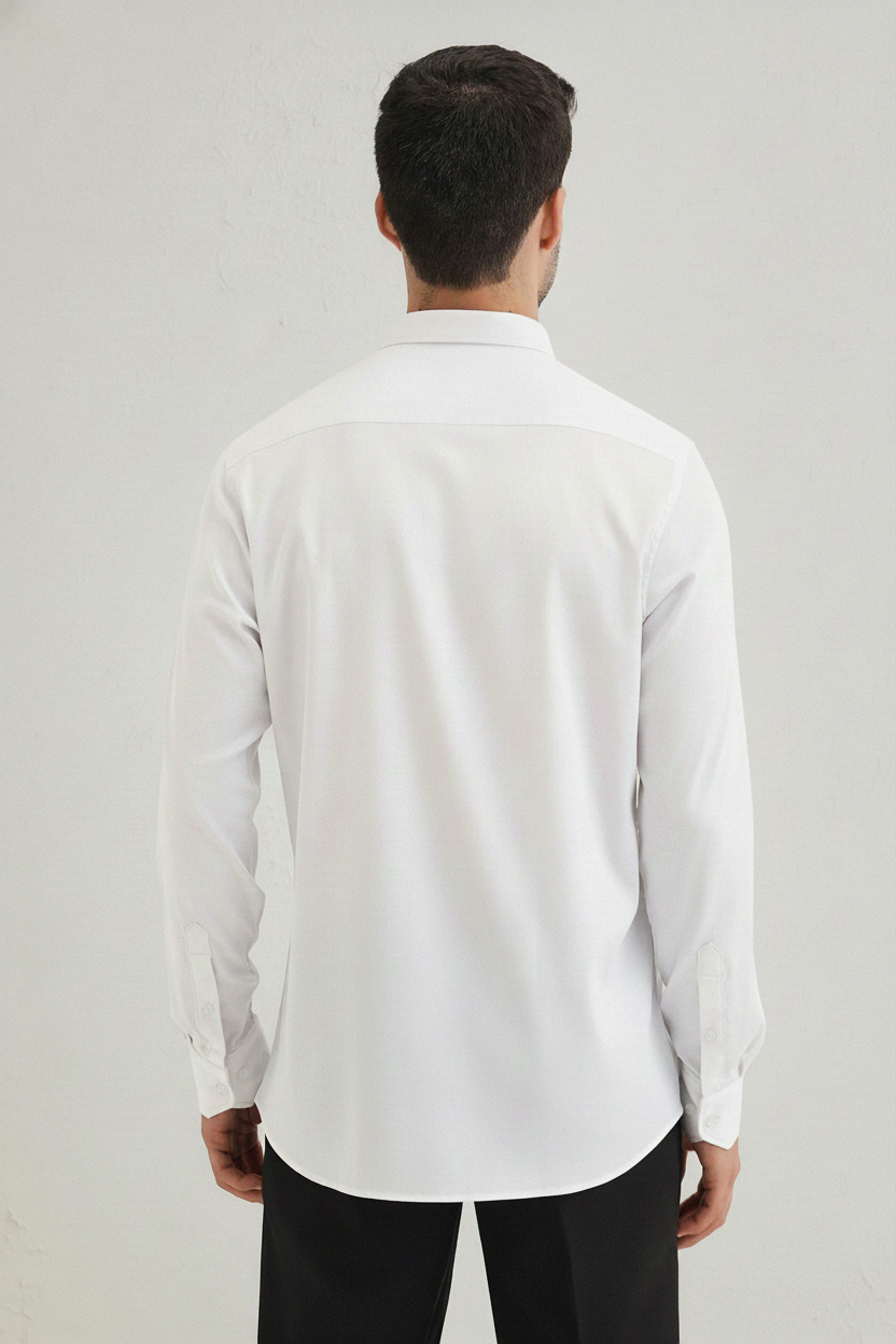 Men’s White Slim Fit Shirt with Geometric Elephant Embroidery & Concealed Placket