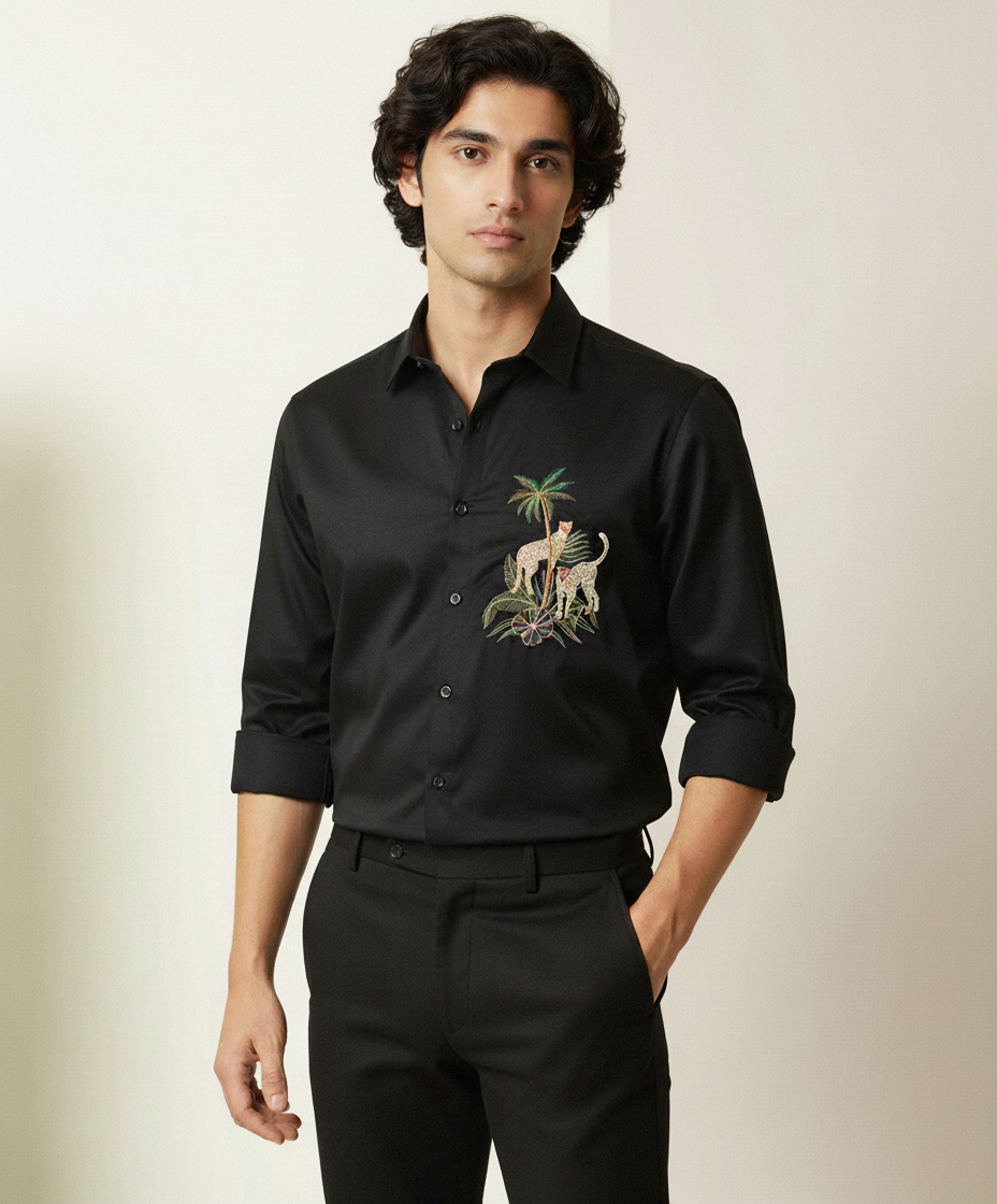 Men’s Black Slim Fit Shirt with Tropical Leopard Embroidery & Classic Collar