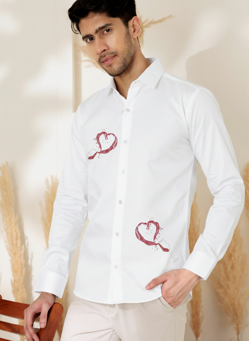 Men's Button-Up Shirt with Wine Glass & Heart Design