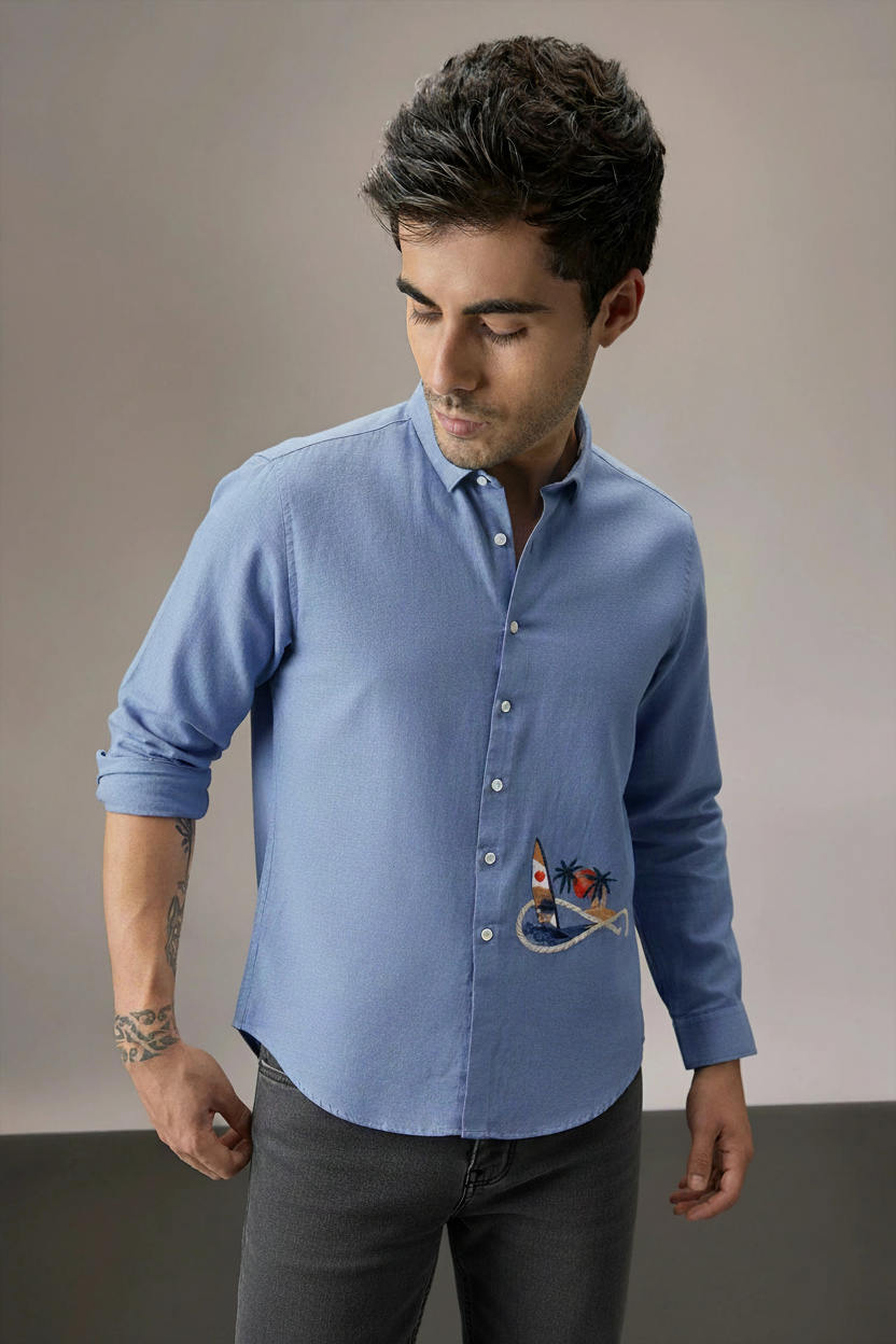Men’s Sky Blue Casual Shirt with Tropical Embroidery Detailing