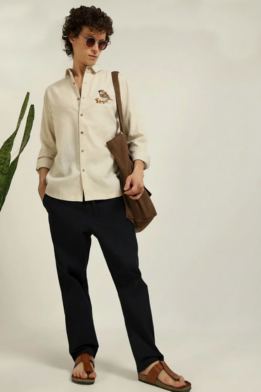 Men’s Cream Slim Fit Shirt with Bird Embroidery on Chest