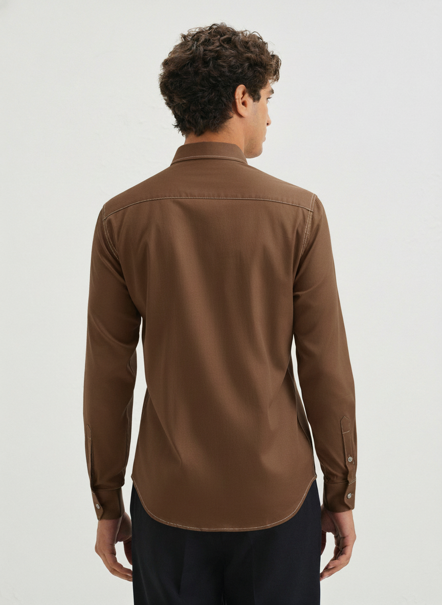 Men’s Brown Slim Fit Shirt with “Offline” Embroidery & Contrast Stitch Detailing