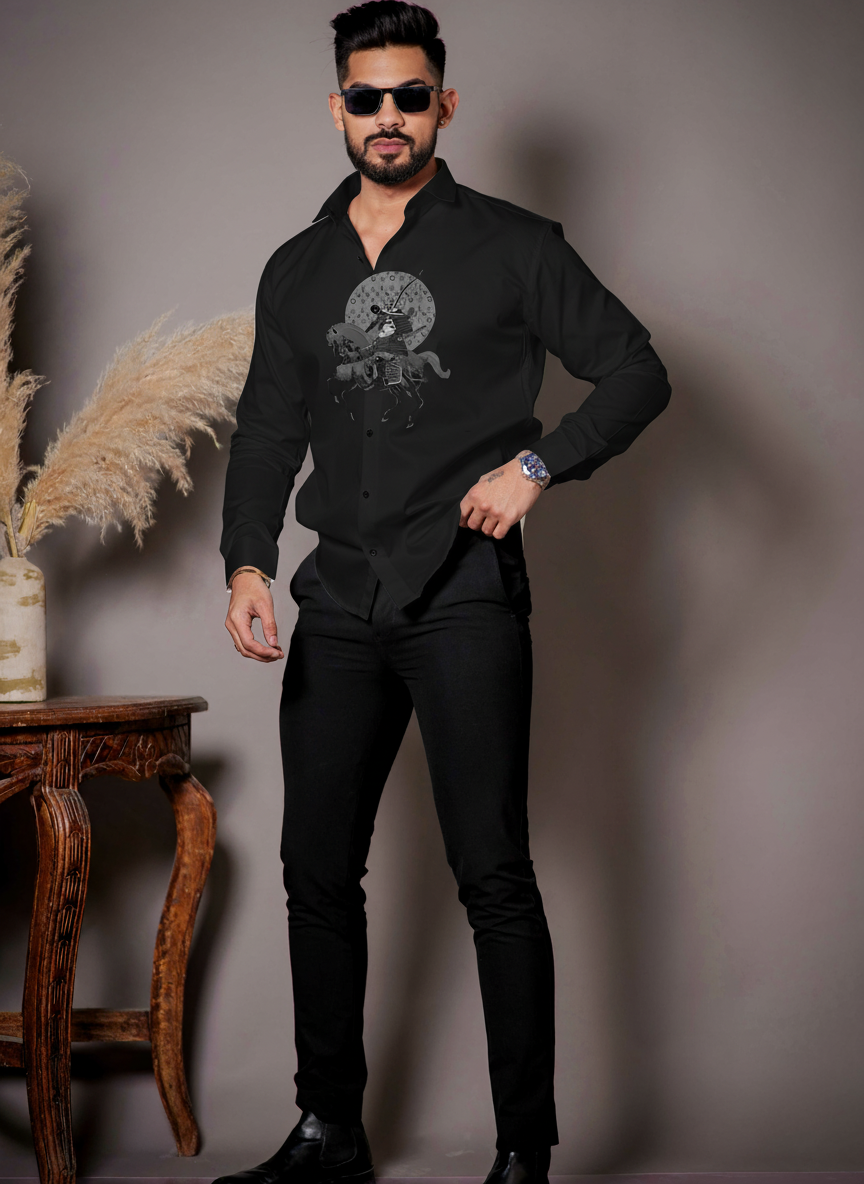 Men’s Long-Sleeve Samurai Warrior Shirt with Lunar Emblem Print