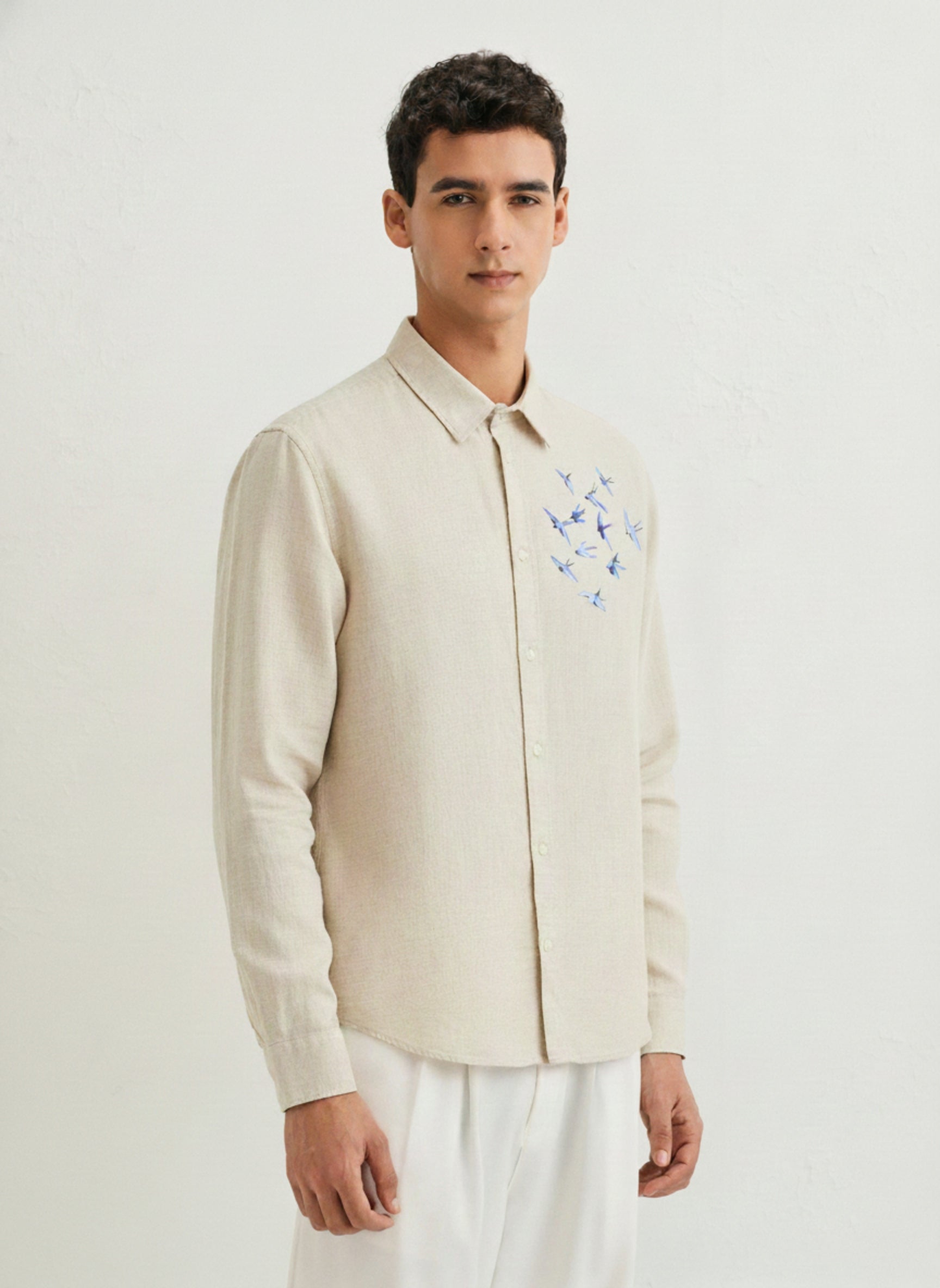 Men's Slim-Fit Shirt with Blue Swallow Flock Embroidery