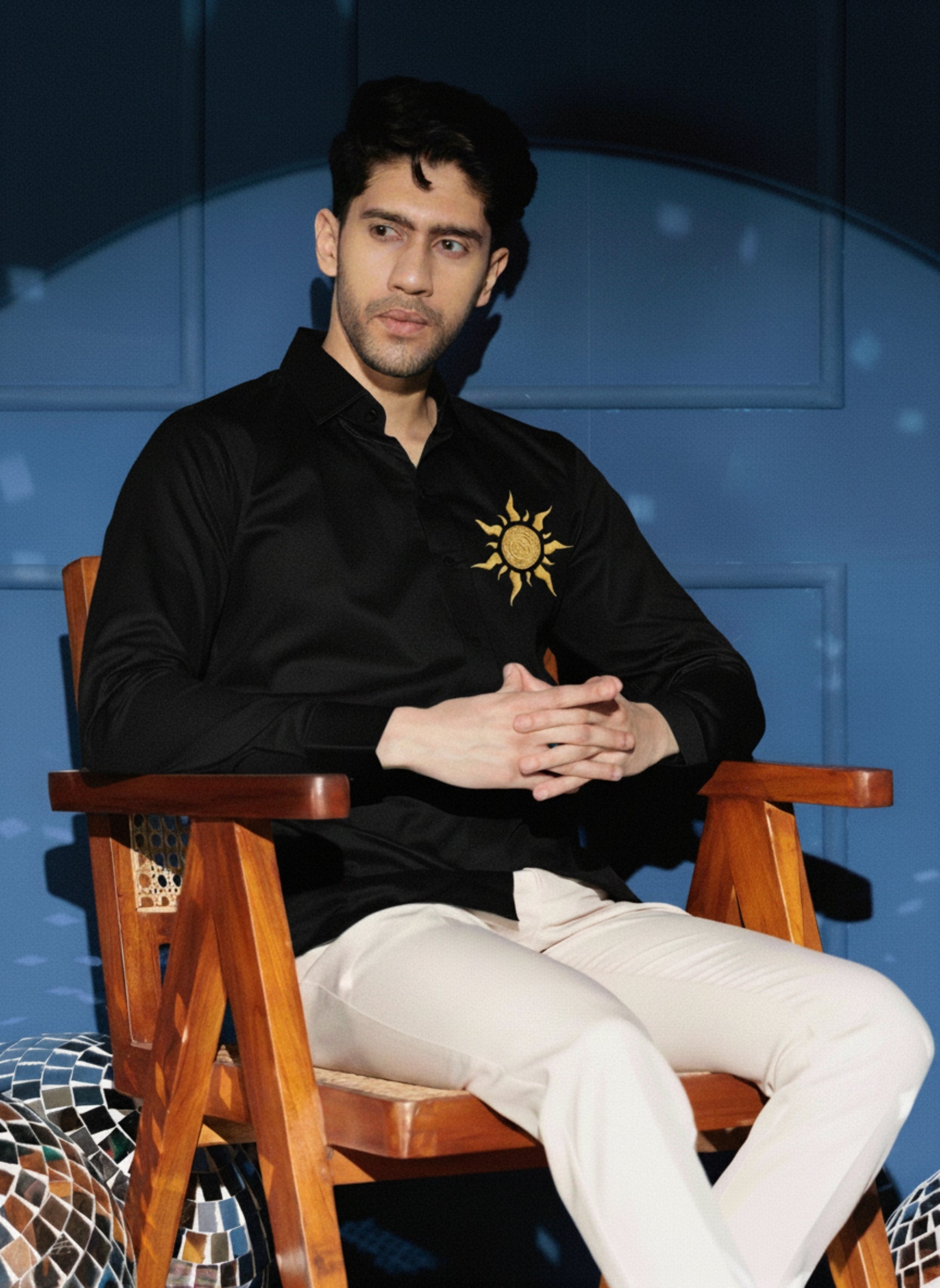 Men's Satin-Finish Shirt with Gold Sun Embroidery