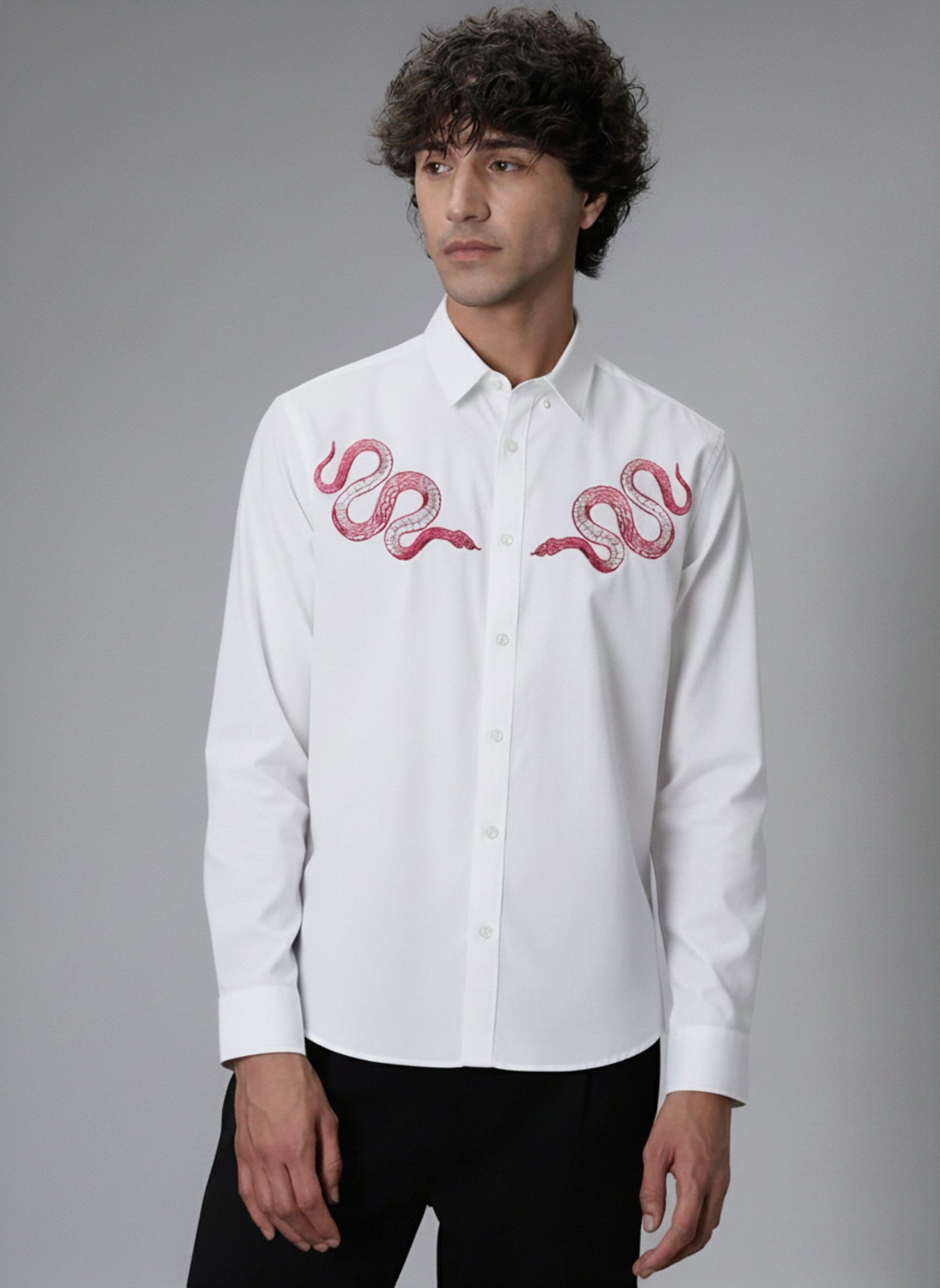 Men's Micro-Ribbed Streetwear Shirt with Pink Snake Embroidery