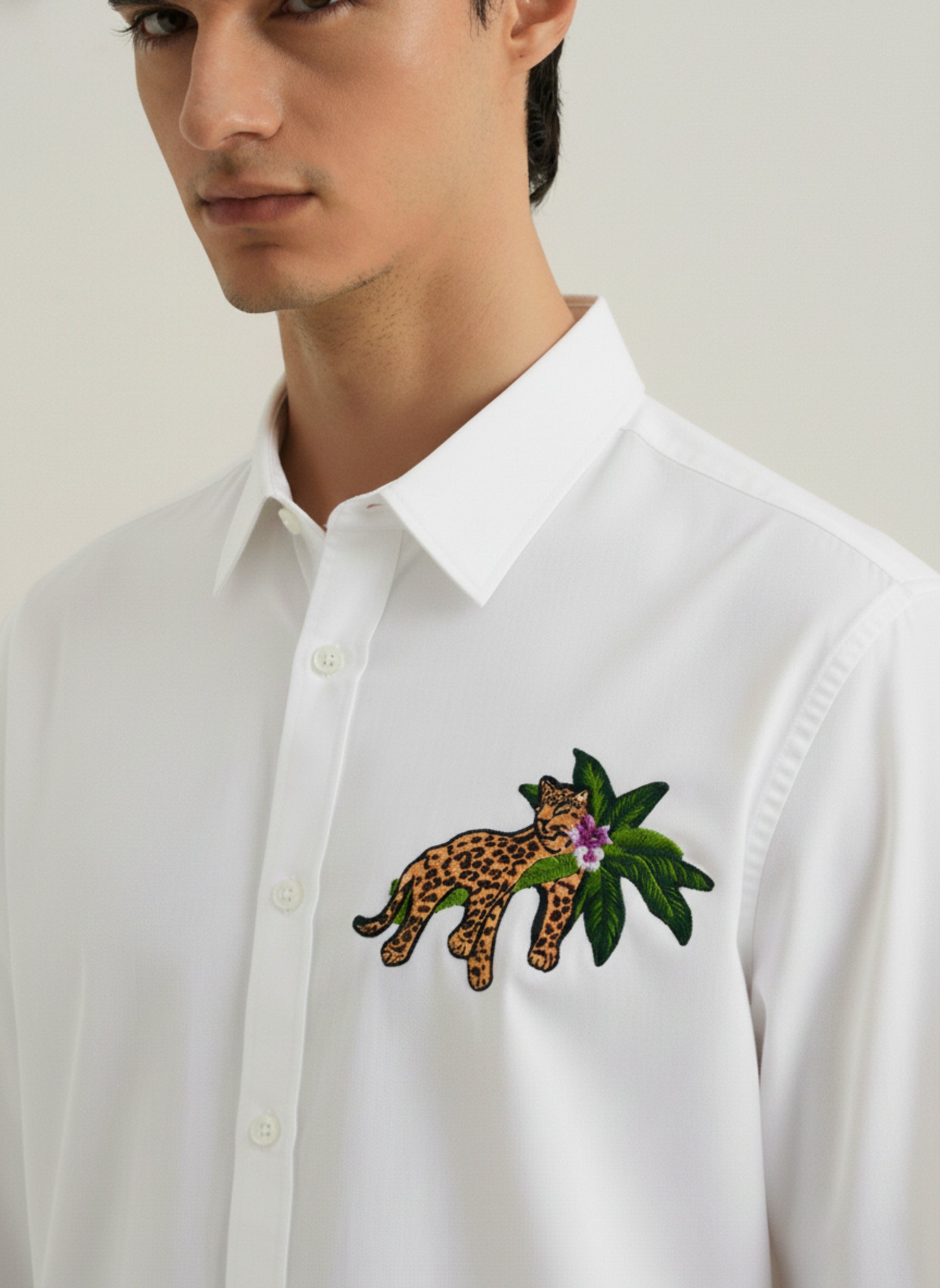 Men's Slim-Fit Shirt with Embroidered Leopard & Palm Leaf