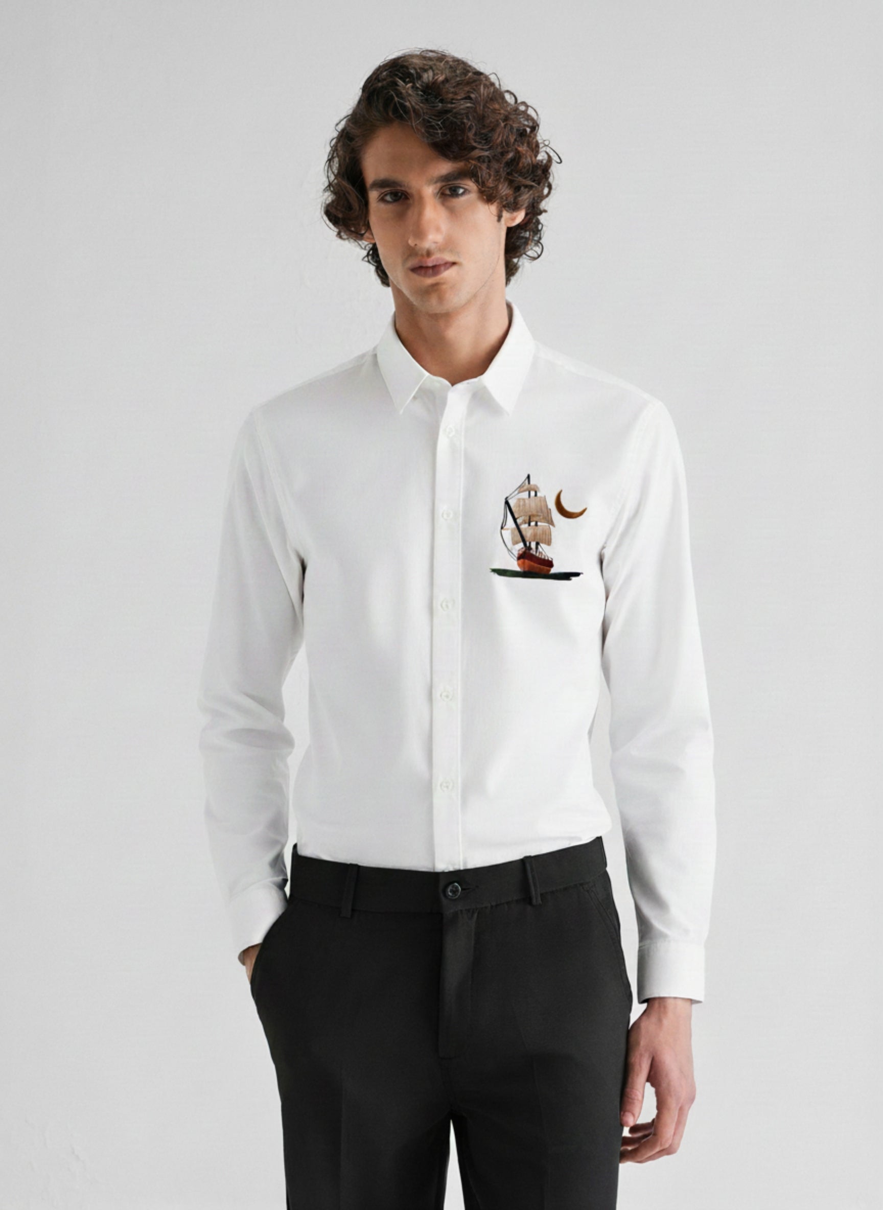 Men’s Premium Button-Down Shirt with Sailboat & Crescent Moon Embroidered Design
