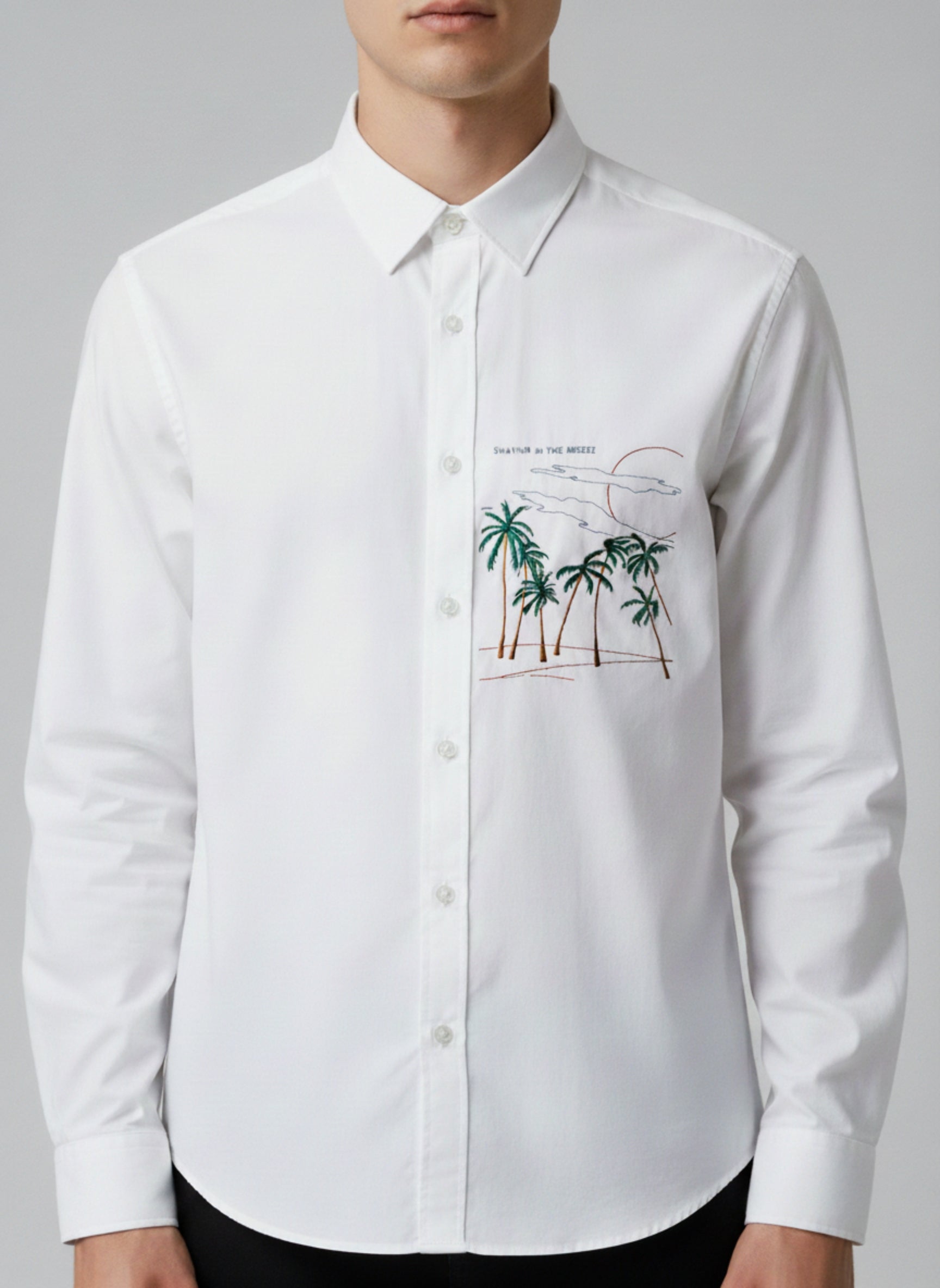 Men’s Casual Linen-Blend Embroidered Palm Tree Shirt