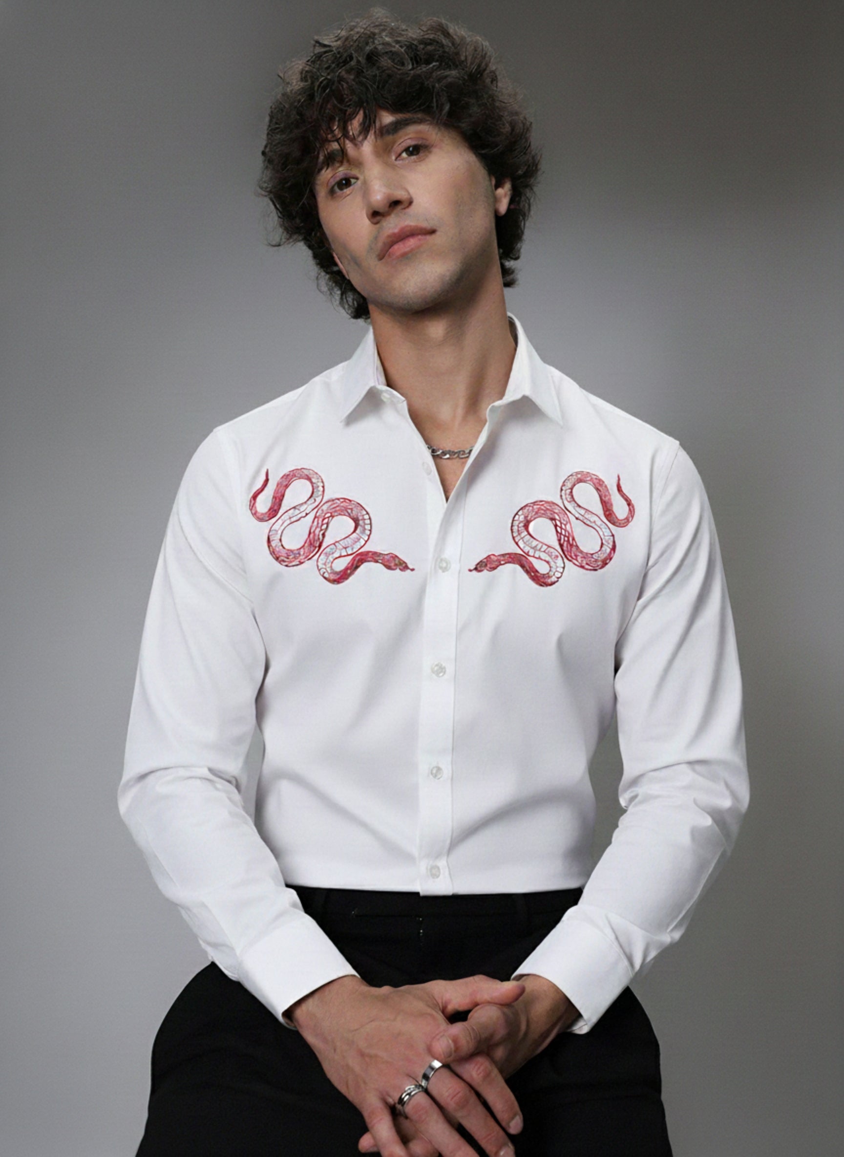 Men's Micro-Ribbed Streetwear Shirt with Pink Snake Embroidery