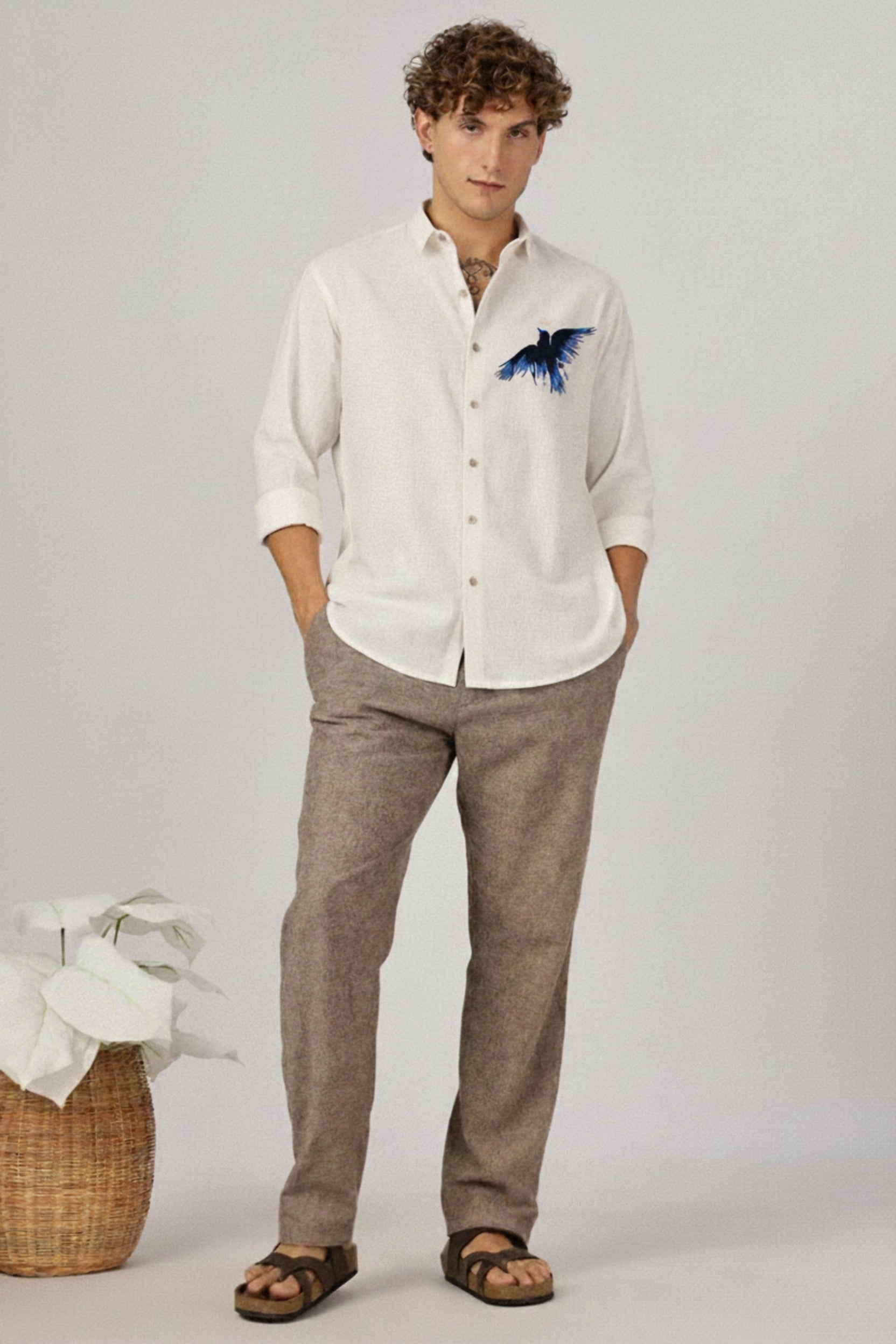 Men’s Linen-Blend Button-Down Shirt with Blue Raven Embroidery