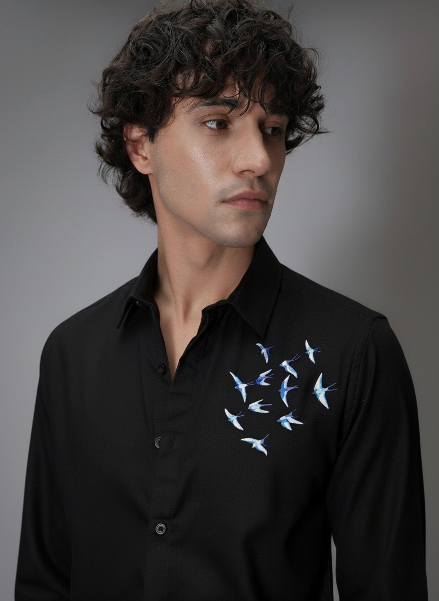 Men's Slim-Fit Shirt with Blue Swallow Flock Embroidery