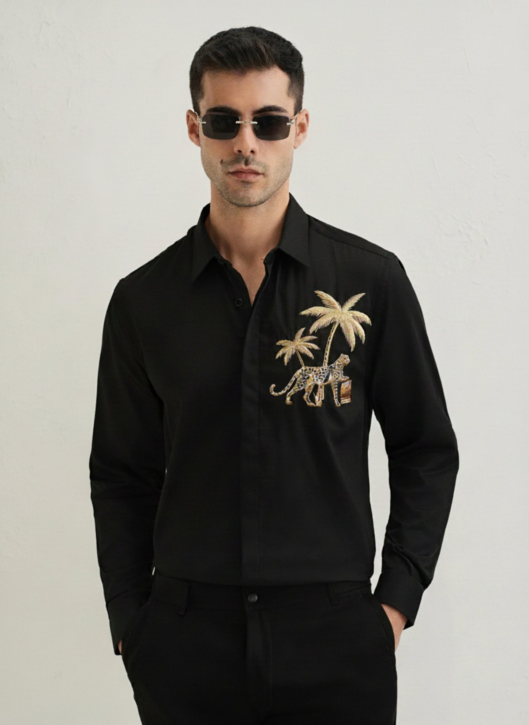 Men's Premium Poplin Shirt with Embroidered Cheetah Motif