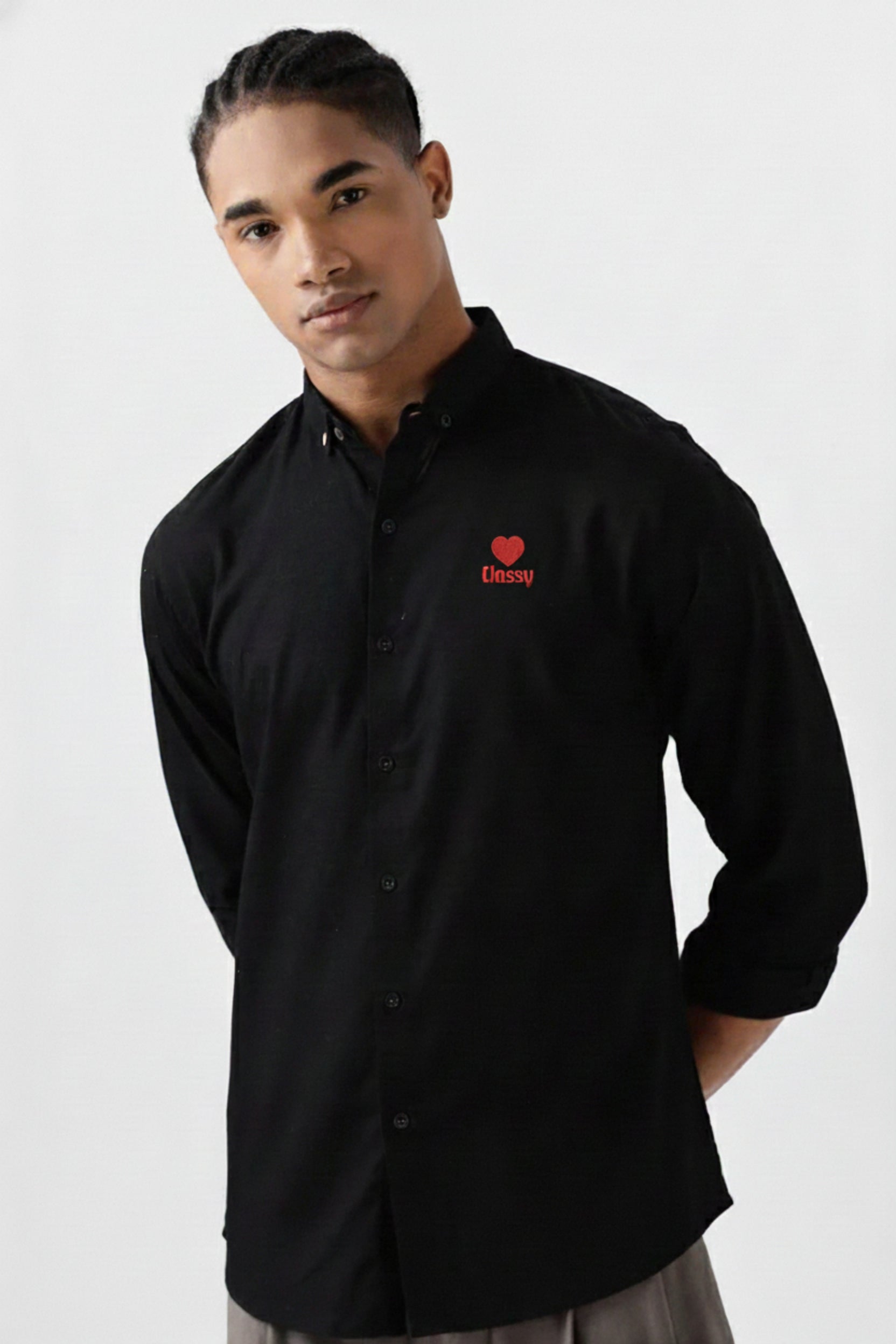 Men's "Classy" Heart Print Casual Button-Down Shirt with Contrast Buttons