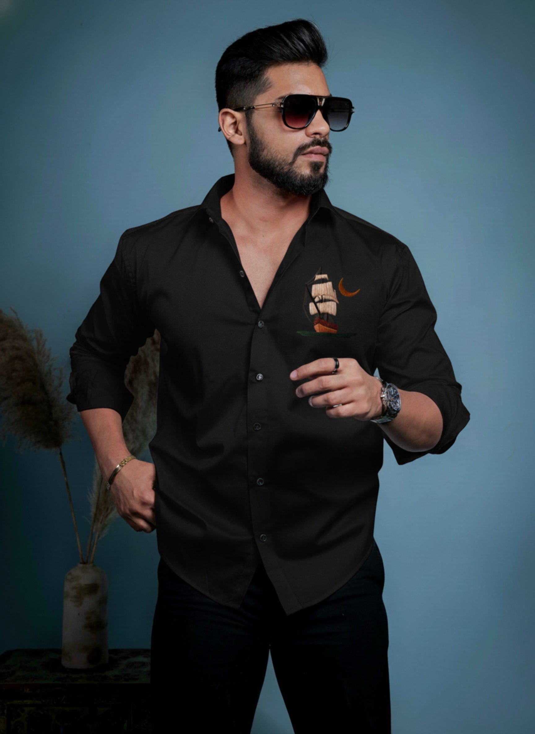 Men’s Premium Button-Down Shirt with Sailboat & Crescent Moon Embroidered Design