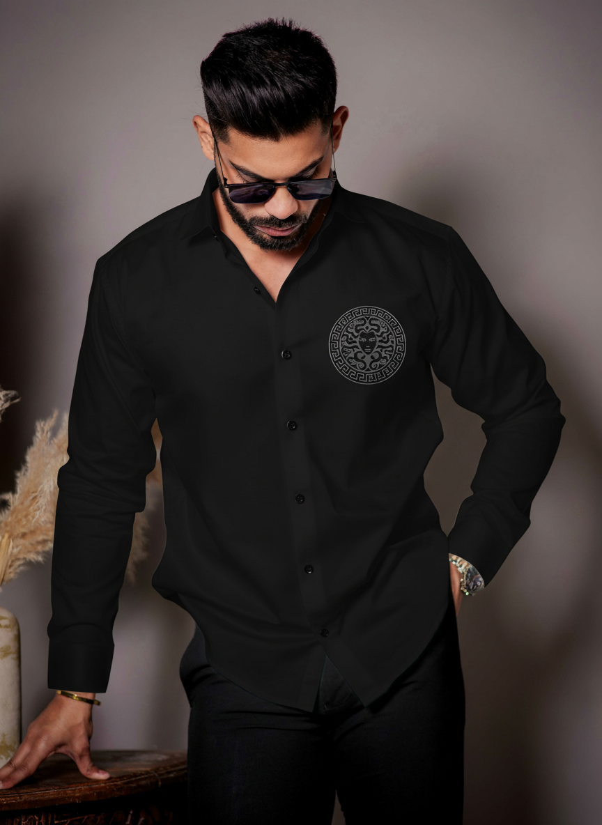 Men’s Black Luxury Embroidered Medusa Dress Shirt