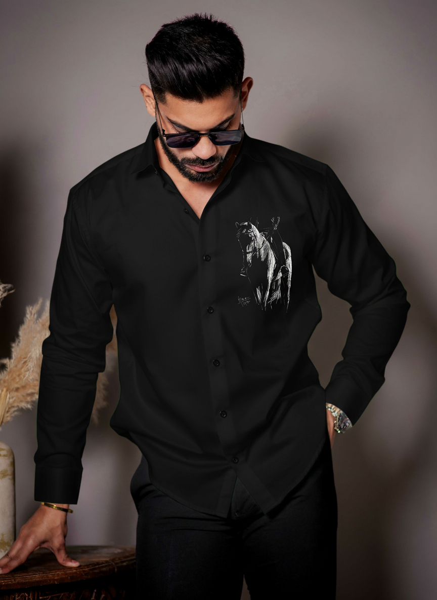Men's Black Shirt with Equestrian Sketch Print