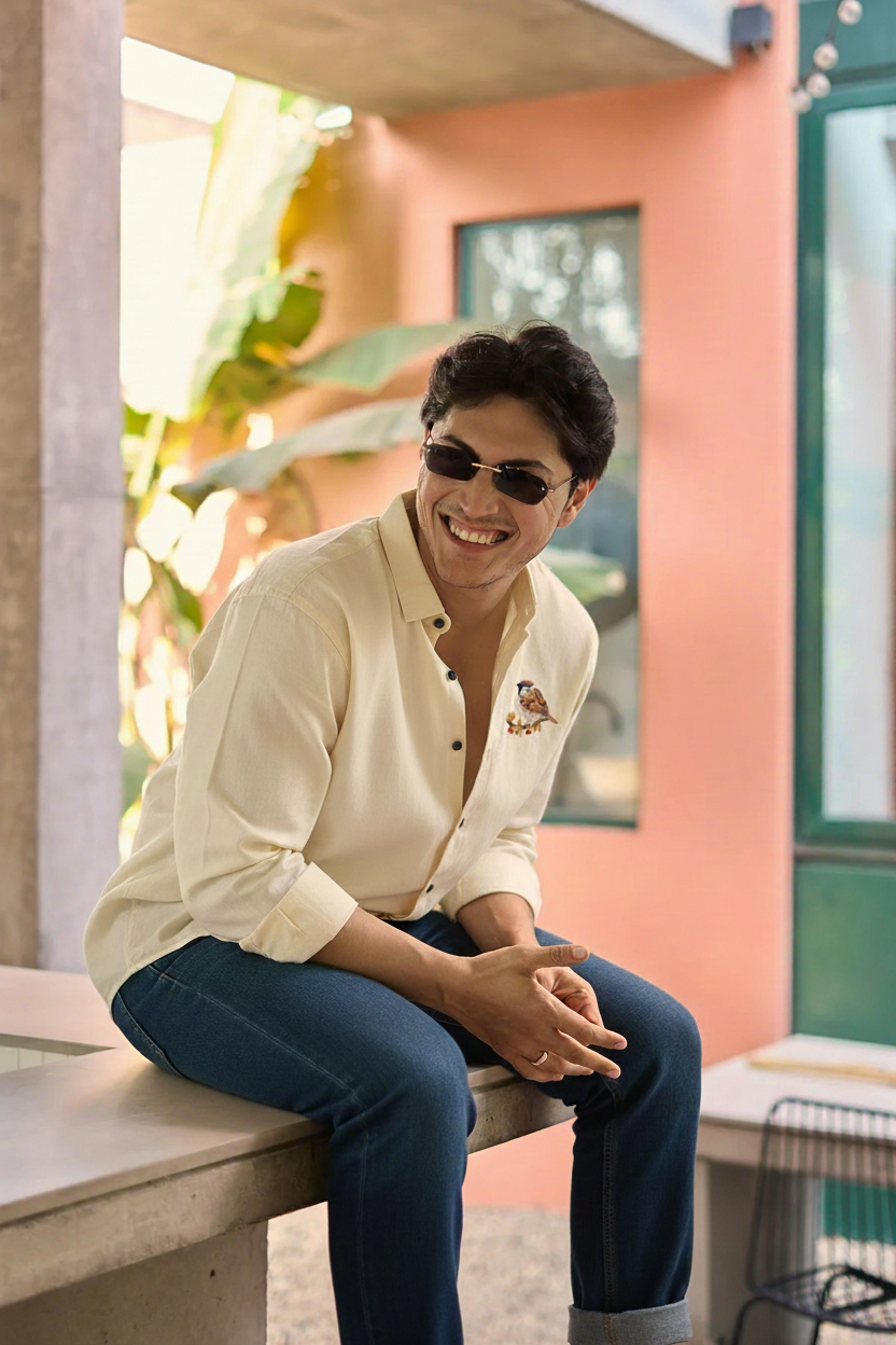 Men’s Cream Slim Fit Shirt with Bird Embroidery on Chest