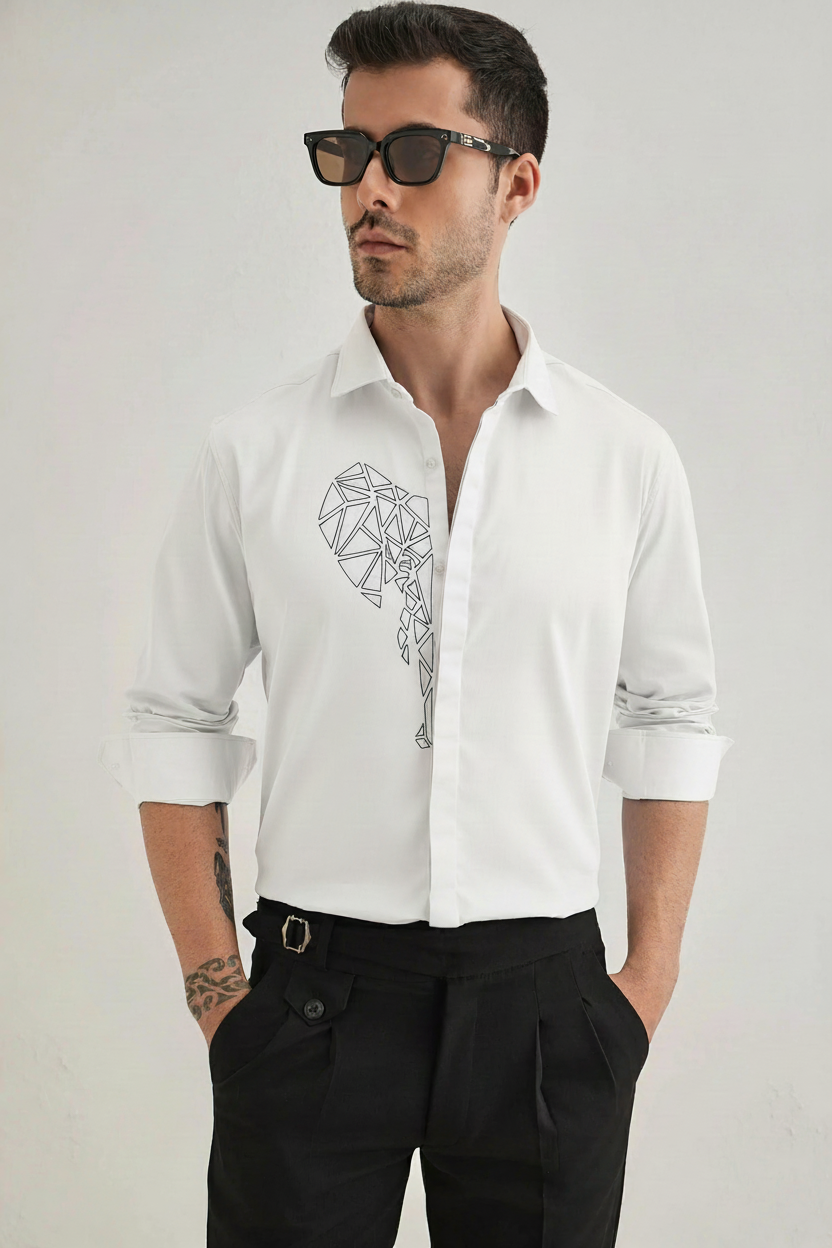 Men’s White Slim Fit Shirt with Geometric Elephant Embroidery & Concealed Placket
