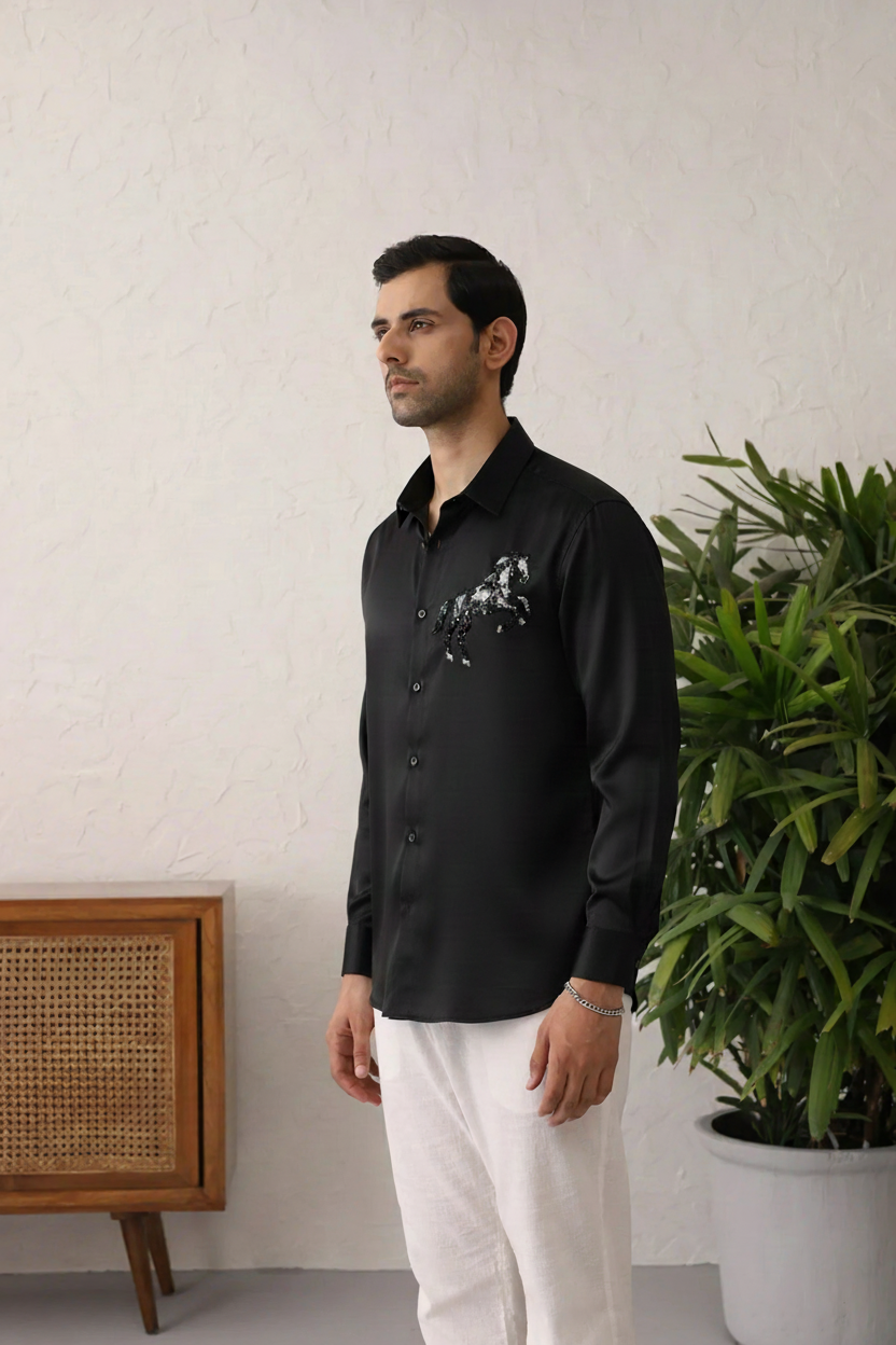 Men’s Black Slim Fit Shirt with Abstract Horse Embroidery & Button-Down Front