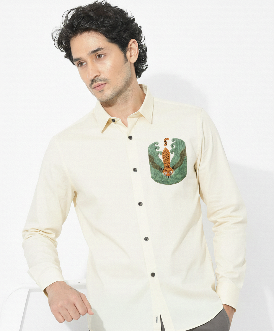 Men’s Cream Slim Fit Shirt with Tiger and Wave Embroidery