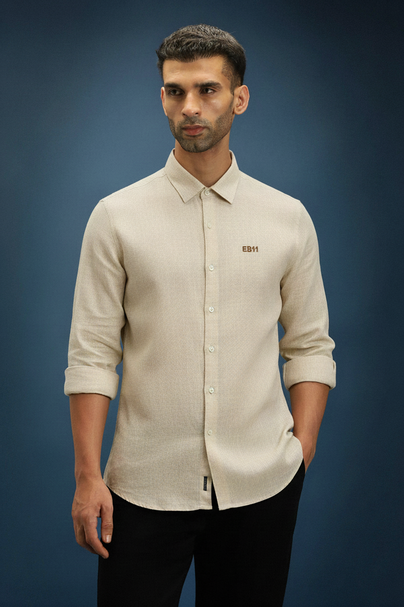 Men’s Beige Textured Slim Fit Shirt with Subtle Embroidered Logo & Classic Collar