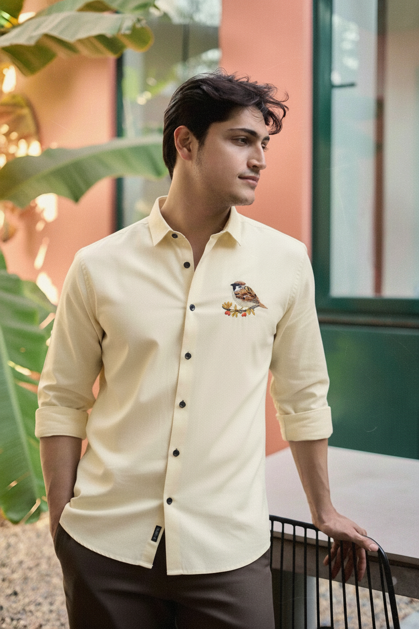 Men’s Cream Slim Fit Shirt with Bird Embroidery on Chest