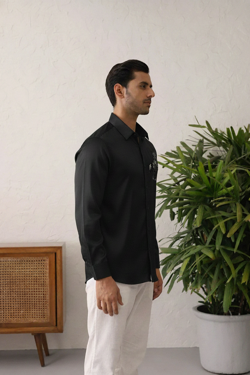 Men’s Black Slim Fit Shirt with Abstract Horse Embroidery & Button-Down Front
