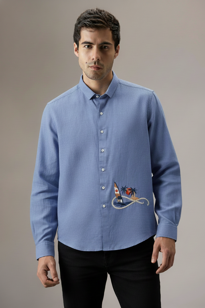 Men’s Sky Blue Casual Shirt with Tropical Embroidery Detailing