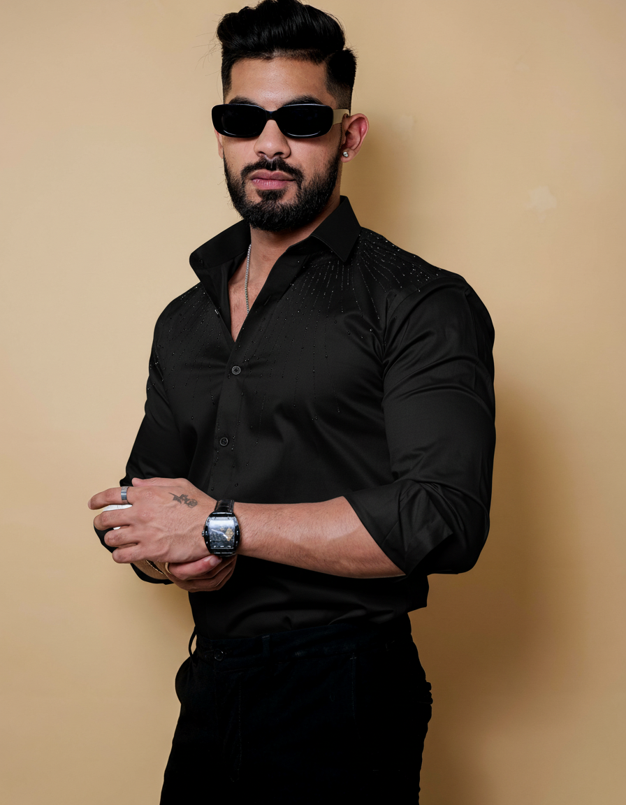 Men's Black Luxury Shirt with Subtle Beaded Sparkle Pattern