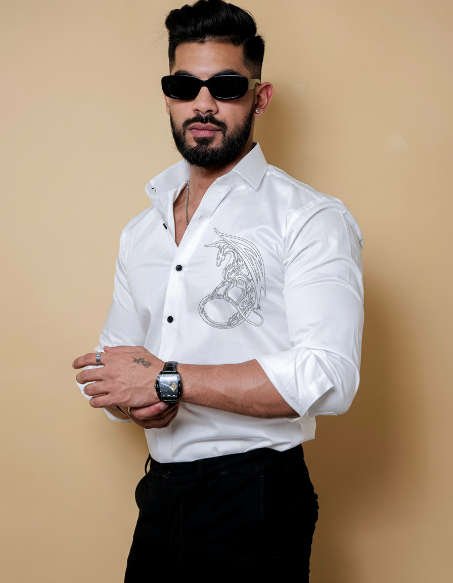 Men's White Shirt with Dragon Graphic Design