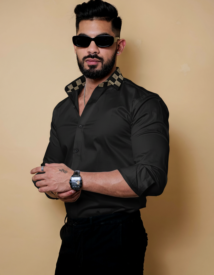 Geometric Checkered Collar & Cuff Detailing Shirt