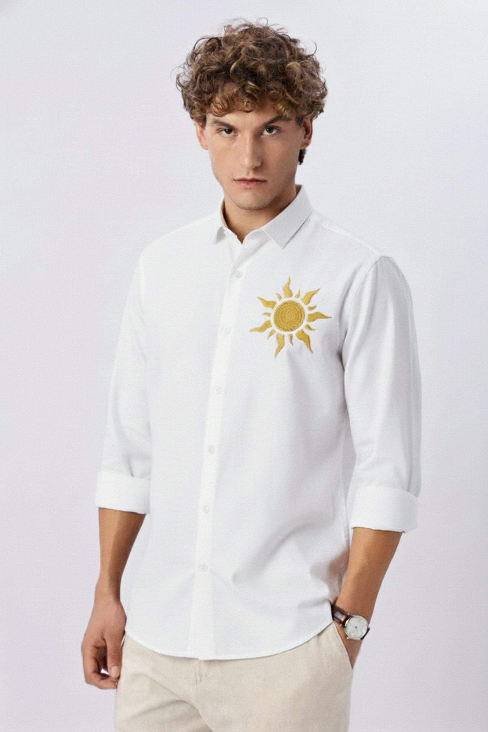 Men's Satin-Finish Shirt with Gold Sun Embroidery