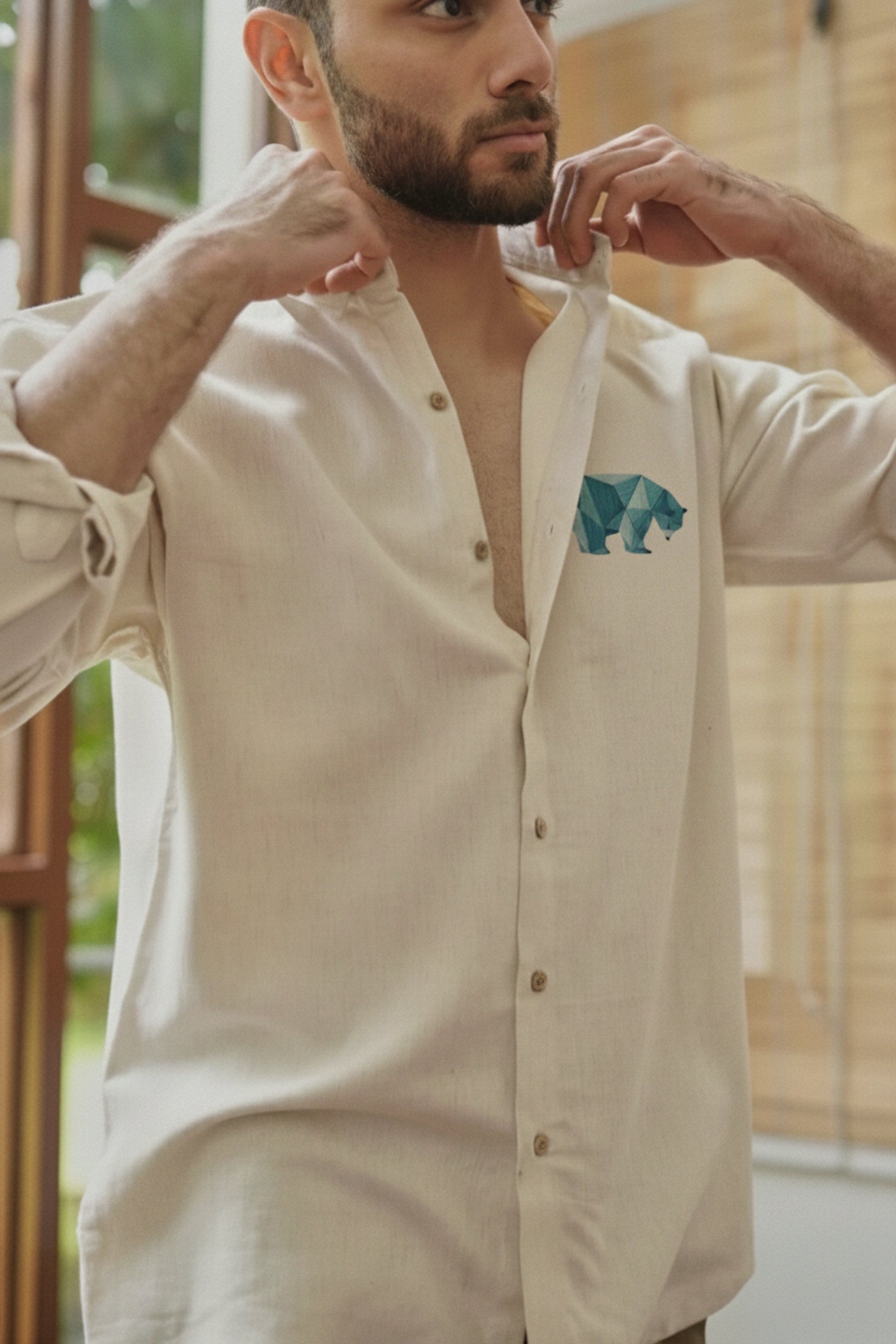 Men's Geometric Bear Embroidered Shirt