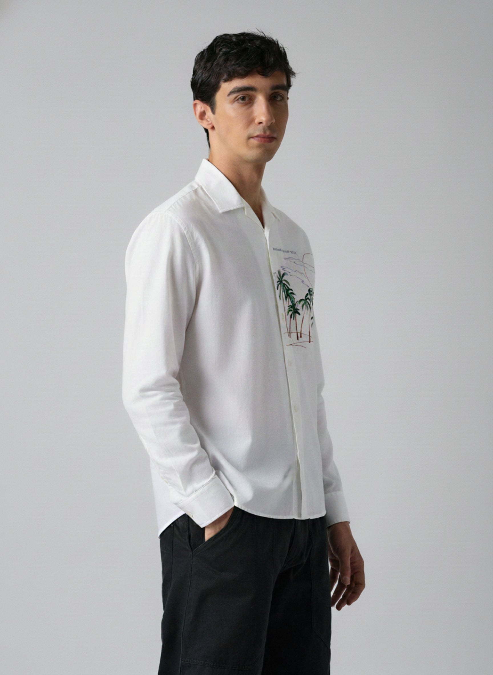 Men’s Casual Linen-Blend Embroidered Palm Tree Shirt